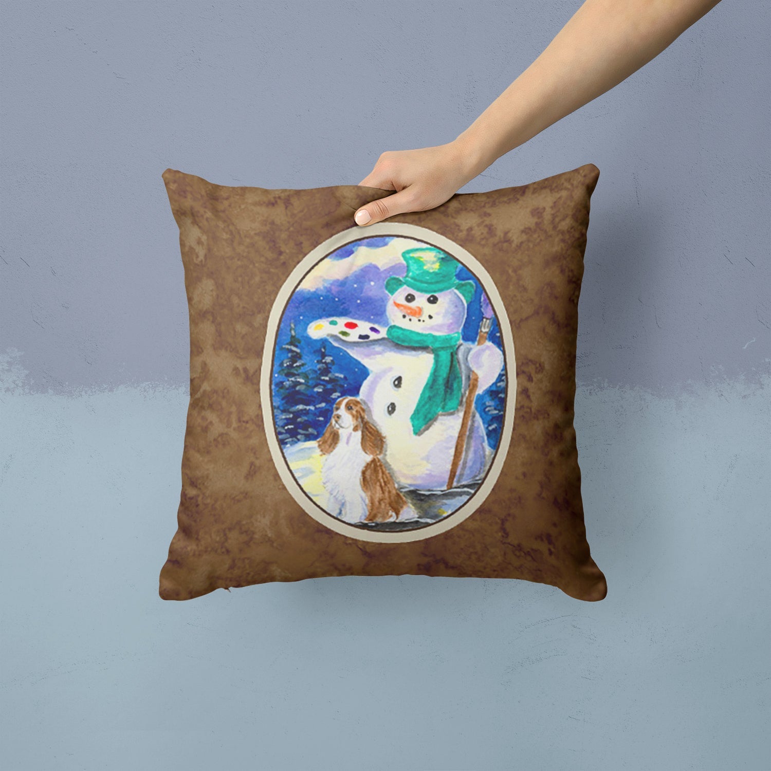 Artist Snowman with Boykin Spaniel Decorative Throw Pillow 14x14 Indoor Outdoor Accent Cushion, Fabric Cover with Insert for Sofa, Bed, Porch & Living Room