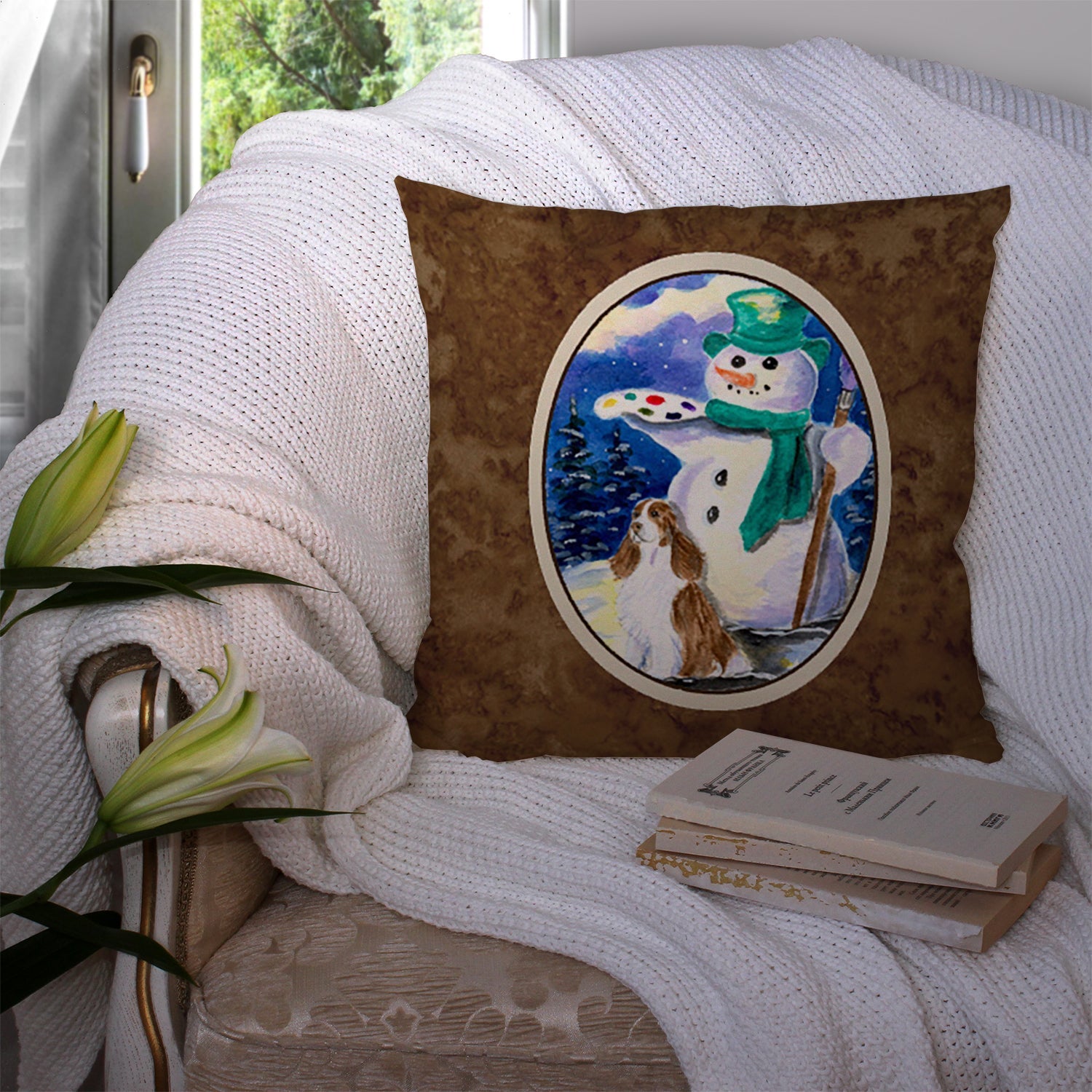Artist Snowman with Boykin Spaniel Decorative Throw Pillow 14x14 Indoor Outdoor Accent Cushion, Fabric Cover with Insert for Sofa, Bed, Porch & Living Room