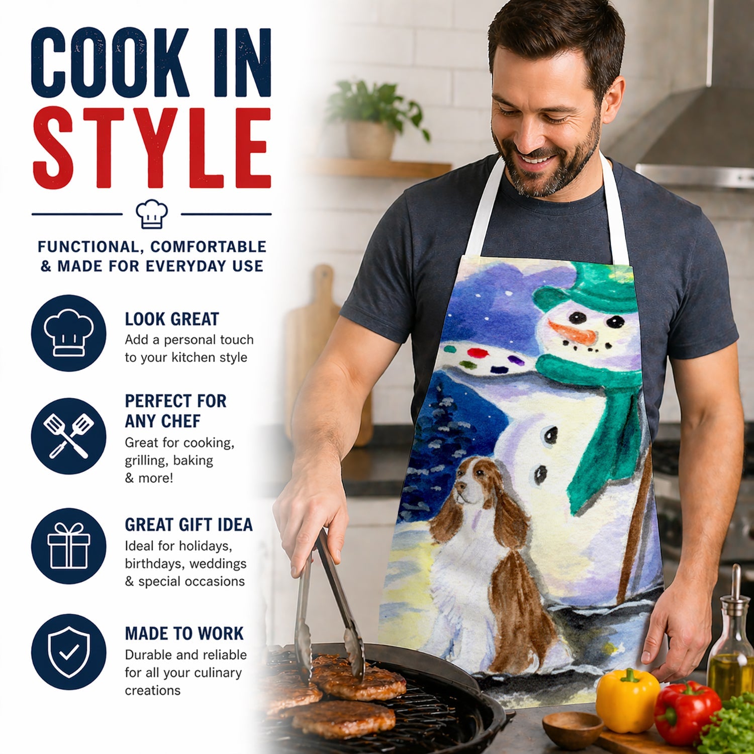 English Springer Spaniel with Artist Snowman Apron Cooking Kitchen Server Baking Crafts Gardening for Adult Women Men, Unisex, Large, Multicolor