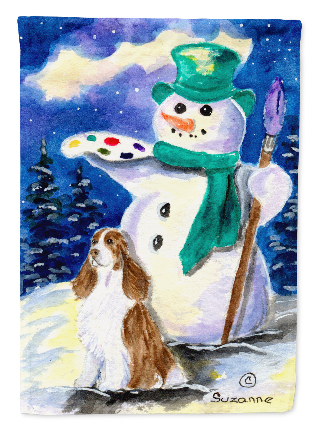 English Springer Spaniel with Artist Snowman House Flag 28x40 Porch Sleeve Pole Decorative Outside Yard Banner Artwork Wall Hanging, Polyester
