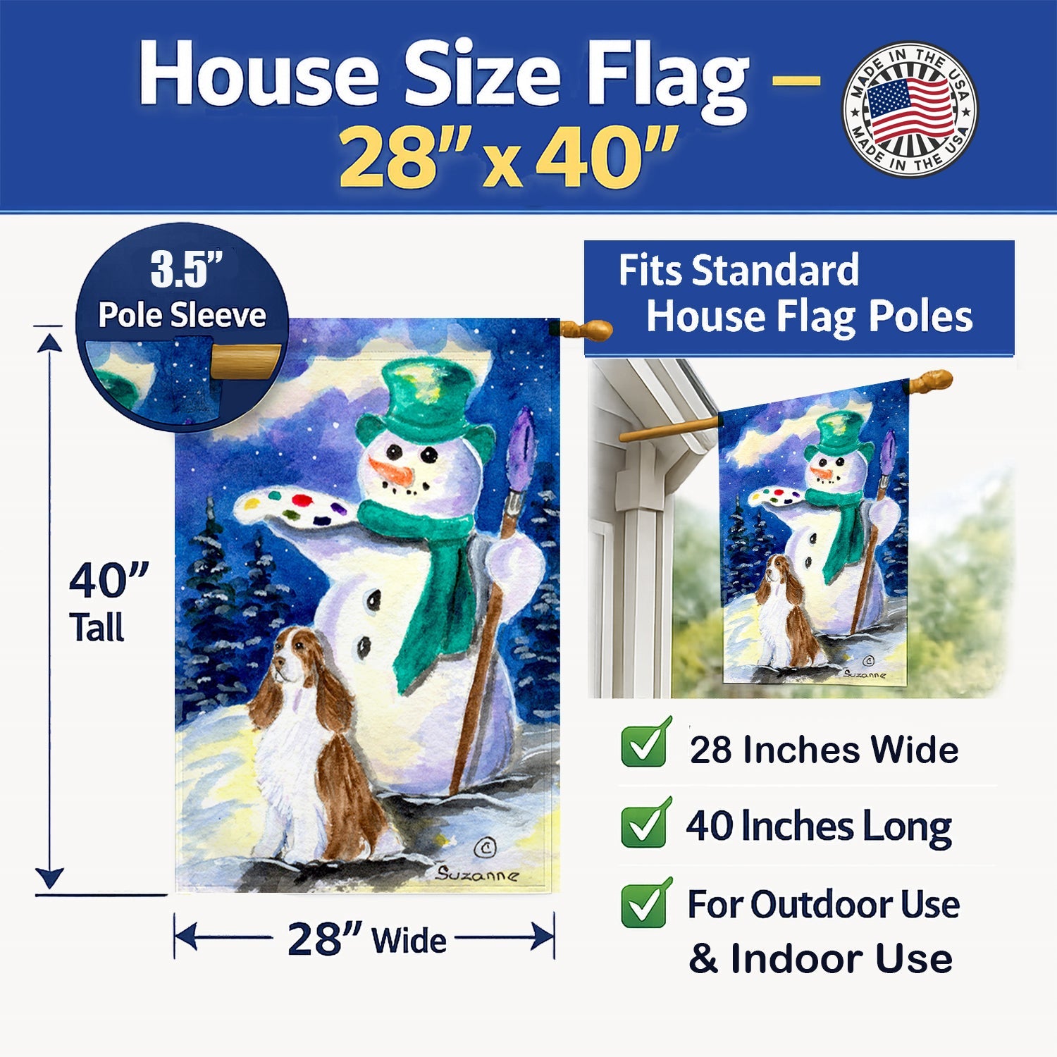 English Springer Spaniel with Artist Snowman House Flag 28x40 Porch Sleeve Pole Decorative Outside Yard Banner Artwork Wall Hanging, Polyester