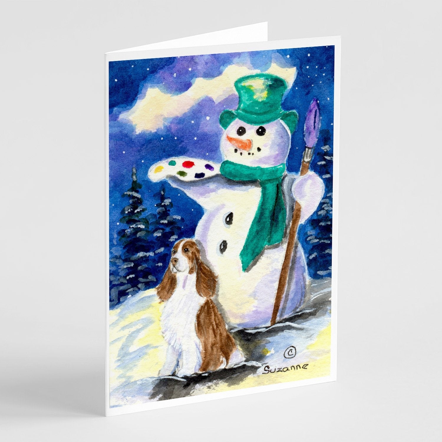 English Springer Spaniel with Artist Snowman Greeting Cards Pack of 8 Blank Cards with Envelopes Whimsical A7 Size 5x7