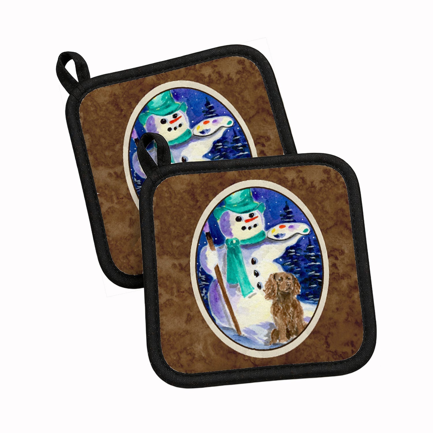 English Springer Spaniel with Artist Snowman Pot Holder Set of 2 Heat Resistant Quilted Hot Pads 7.5 x 7.5 Inch, Insulated Kitchen Trivets for Cooking & Baking