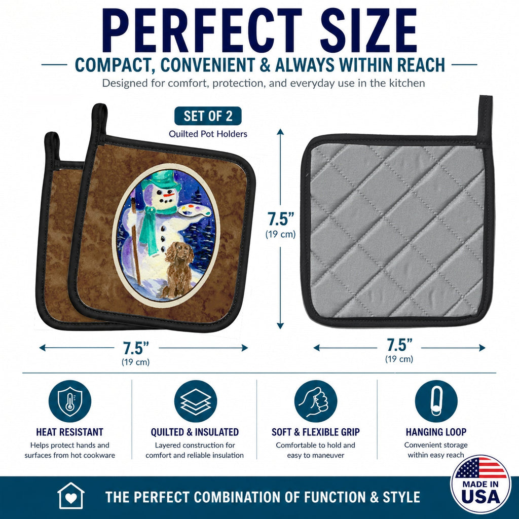 English Springer Spaniel with Artist Snowman Pot Holder Set of 2 Heat Resistant Quilted Hot Pads 7.5 x 7.5 Inch, Insulated Kitchen Trivets for Cooking & Baking