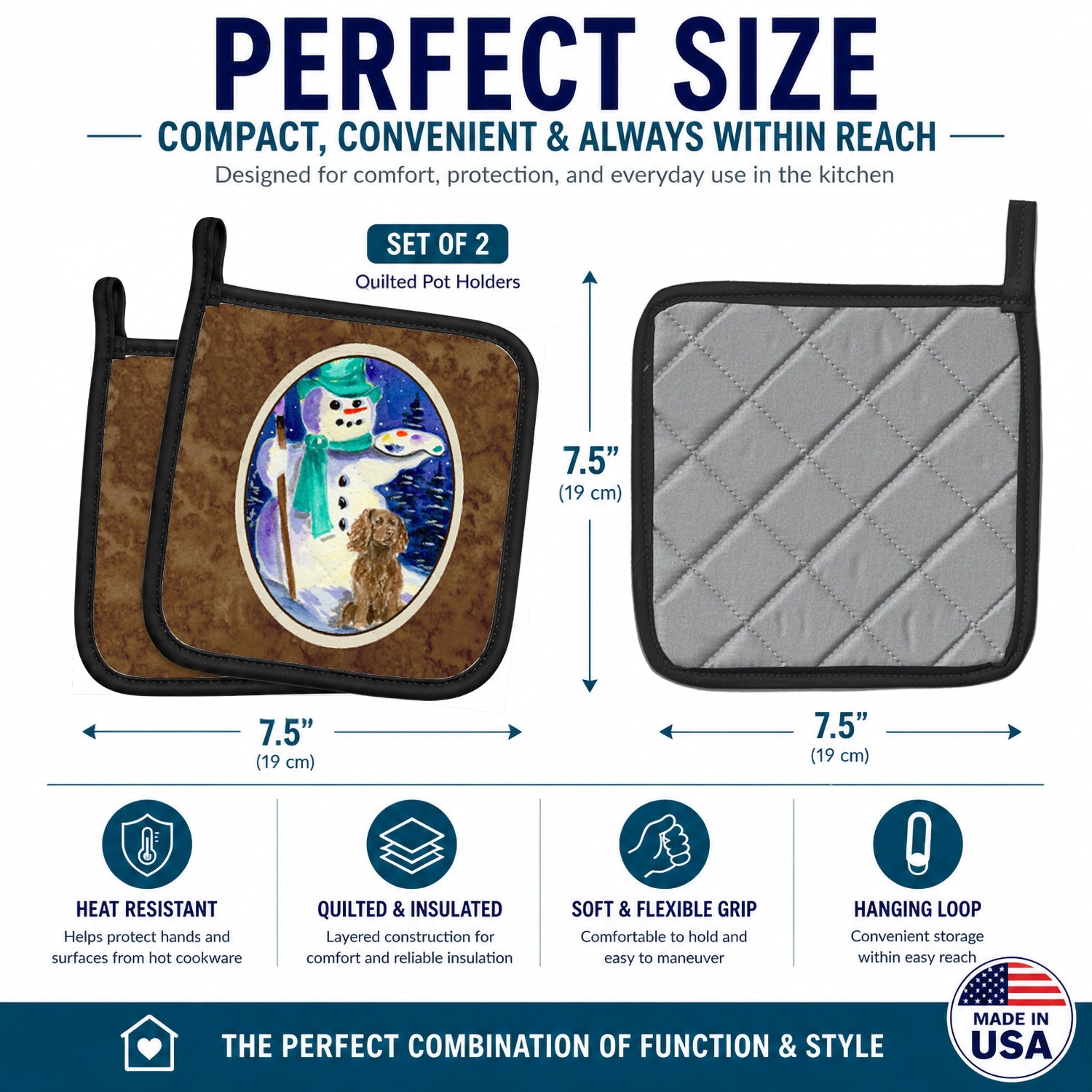 English Springer Spaniel with Artist Snowman Pot Holder Set of 2 Heat Resistant Quilted Hot Pads 7.5 x 7.5 Inch, Insulated Kitchen Trivets for Cooking & Baking