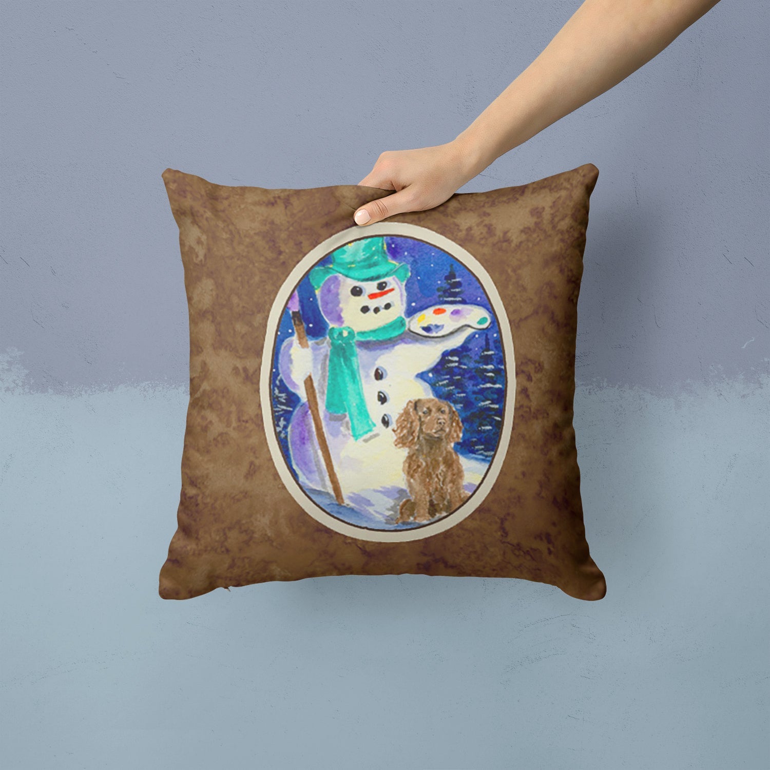 English Springer Spaniel with Artist Snowman Decorative Throw Pillow 14x14 Indoor Outdoor Accent Cushion, Fabric Cover with Insert for Sofa, Bed, Porch & Living Room