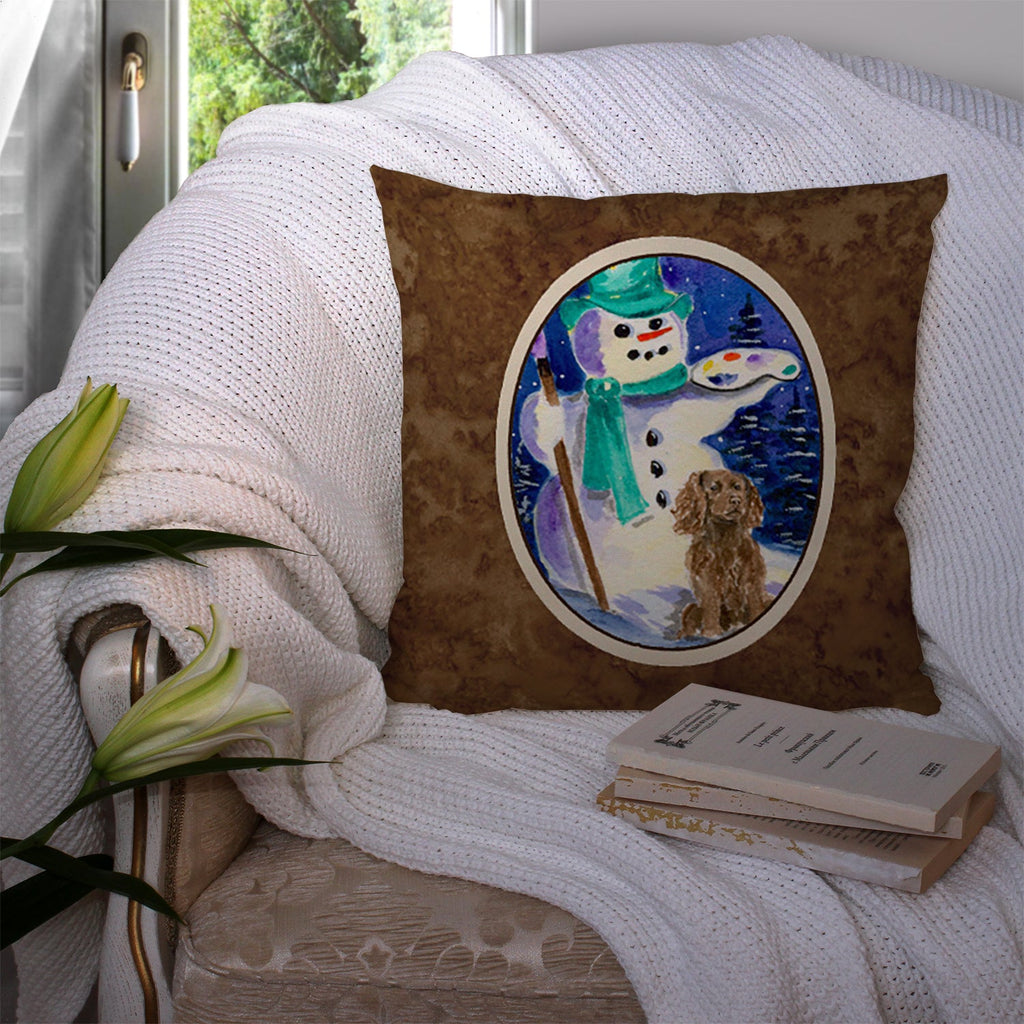English Springer Spaniel with Artist Snowman Decorative Throw Pillow 14x14 Indoor Outdoor Accent Cushion, Fabric Cover with Insert for Sofa, Bed, Porch & Living Room
