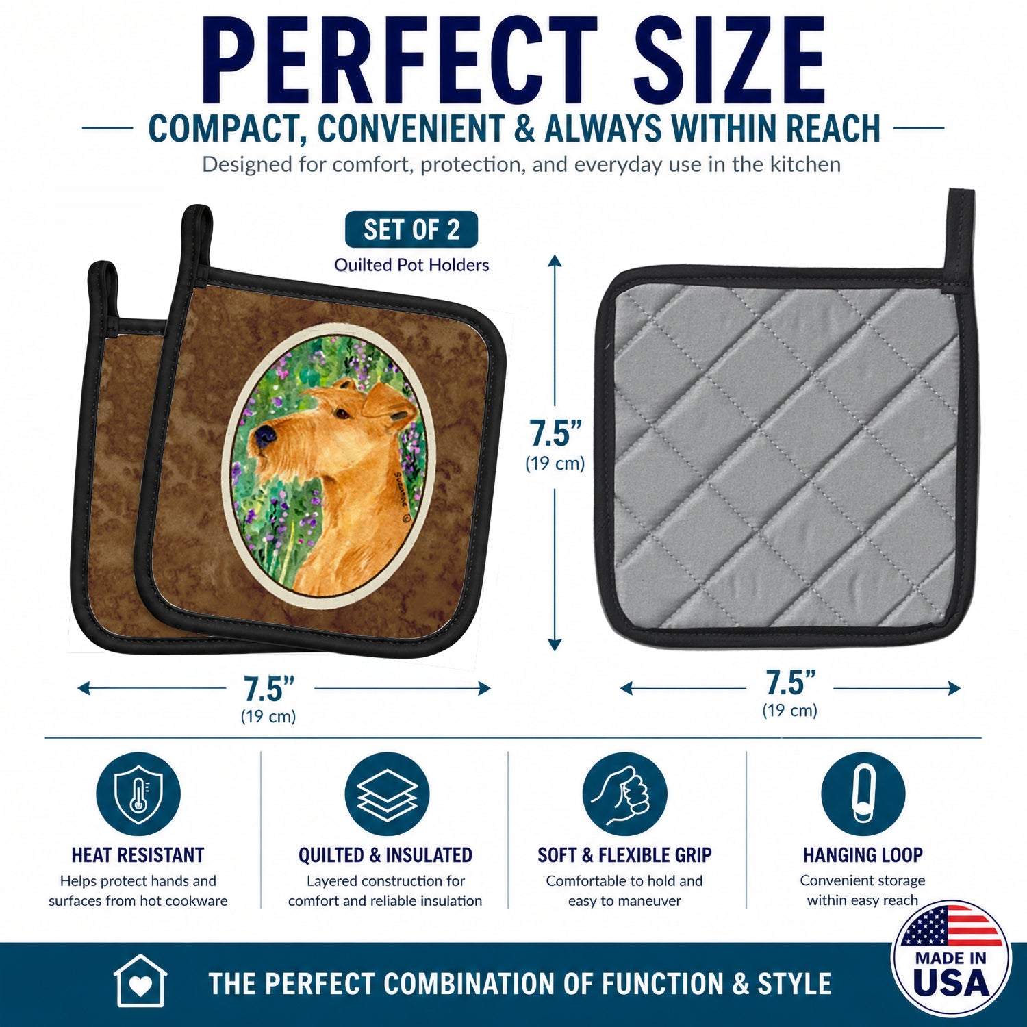 Irish Terrier Pot Holder Set of 2 Heat Resistant Quilted Hot Pads 7.5 x 7.5 Inch, Insulated Kitchen Trivets for Cooking & Baking