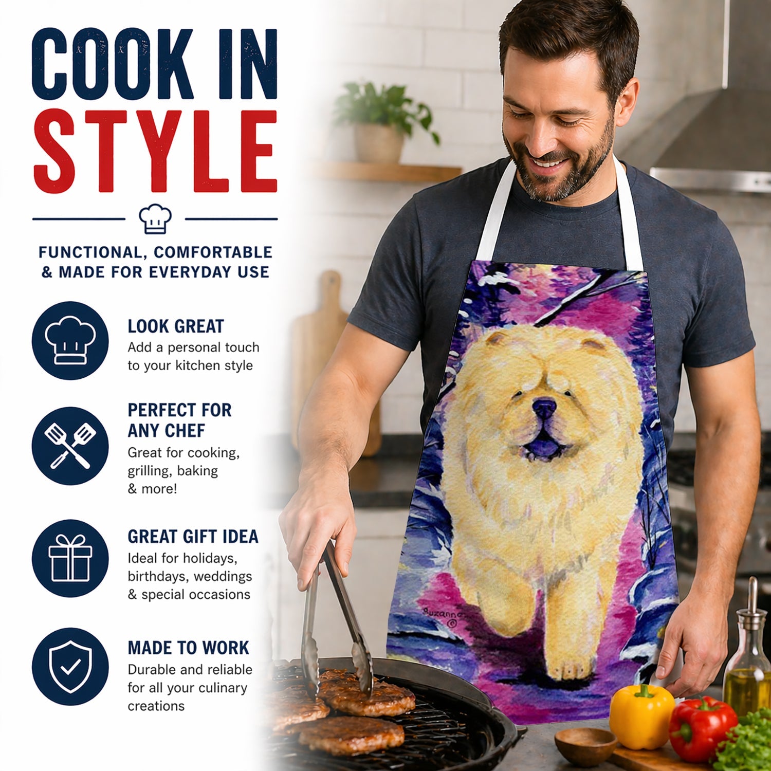 Chow Chow Apron Cooking Kitchen Server Baking Crafts Gardening for Adult Women Men, Unisex, Large, Multicolor