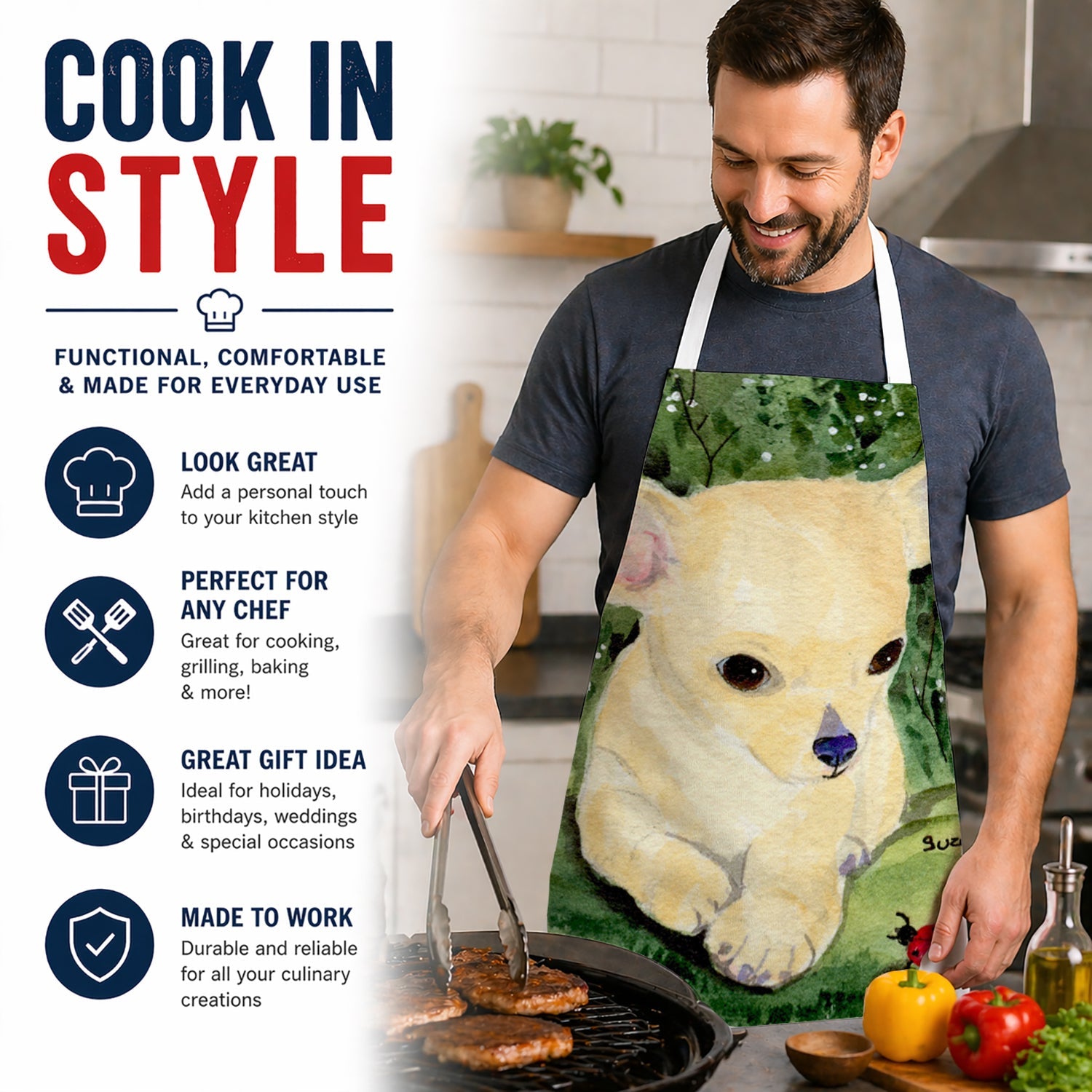 Chihuahua Apron Cooking Kitchen Server Baking Crafts Gardening for Adult Women Men, Unisex, Large, Multicolor