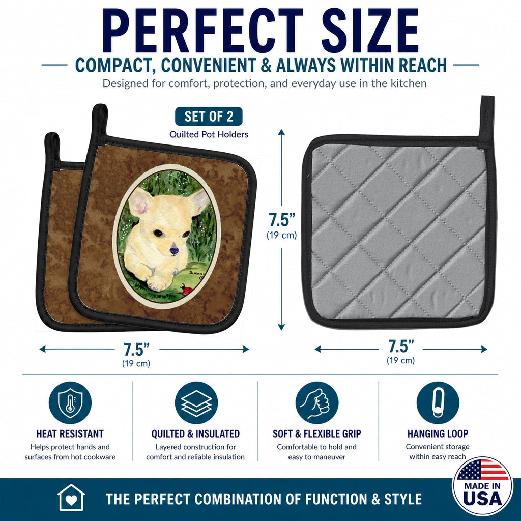 Chihuahua Pot Holder Set of 2 Heat Resistant Quilted Hot Pads 7.5 x 7.5 Inch, Insulated Kitchen Trivets for Cooking & Baking