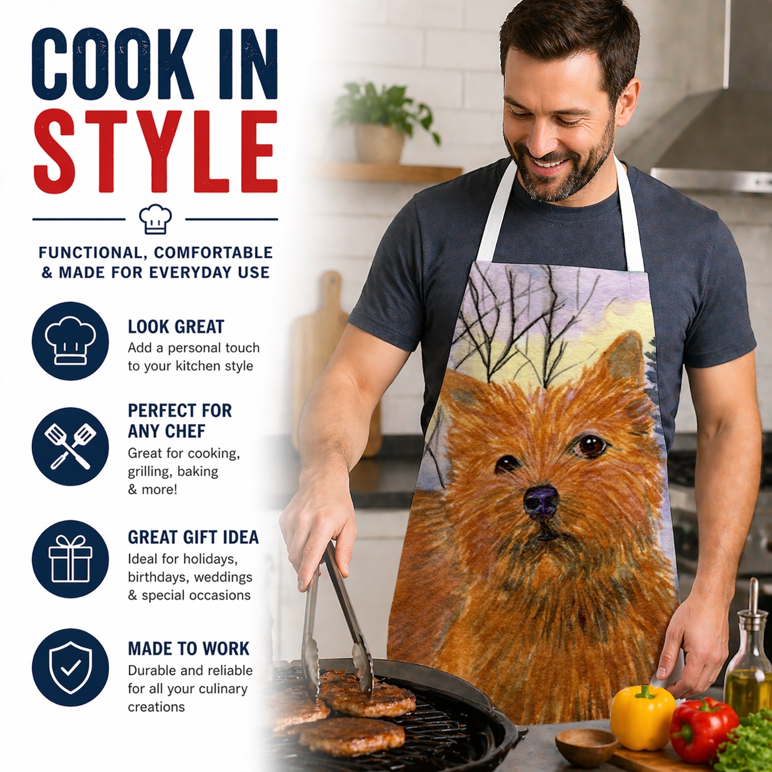 Norwich Terrier Apron Cooking Kitchen Server Baking Crafts Gardening for Adult Women Men, Unisex, Large, Multicolor