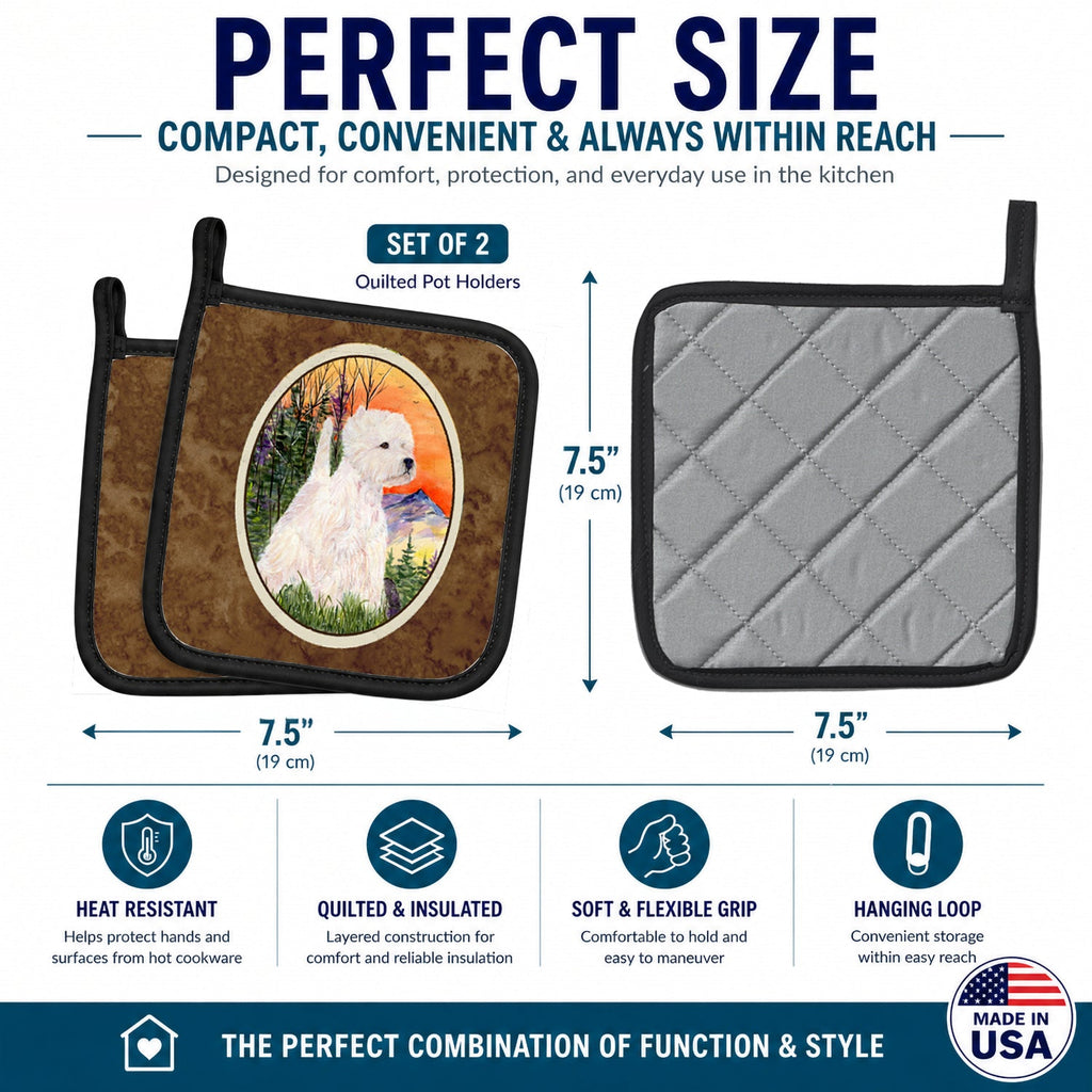 Westie Pot Holder Set of 2 Heat Resistant Quilted Hot Pads 7.5 x 7.5 Inch, Insulated Kitchen Trivets for Cooking & Baking