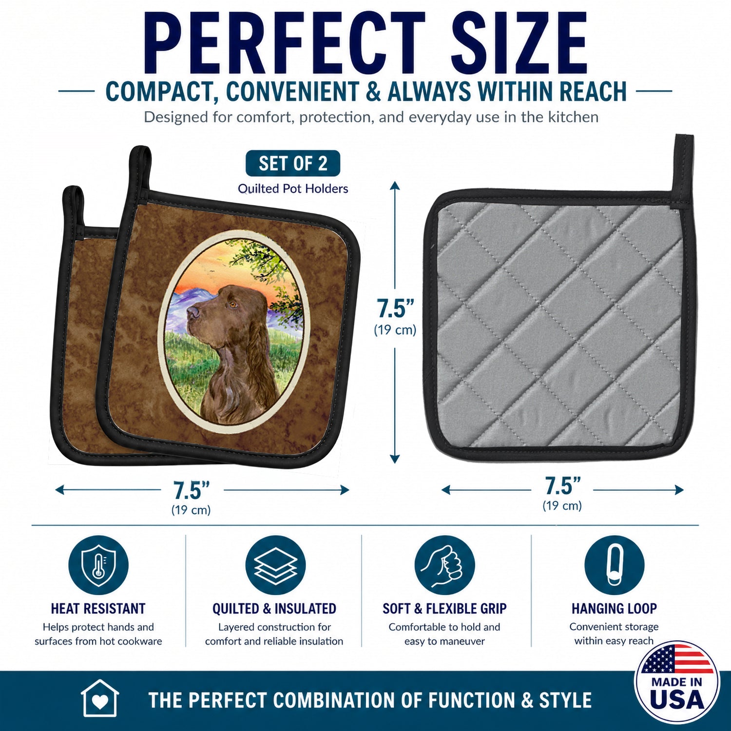 Field Spaniel Pot Holder Set of 2 Heat Resistant Quilted Hot Pads 7.5 x 7.5 Inch, Insulated Kitchen Trivets for Cooking & Baking