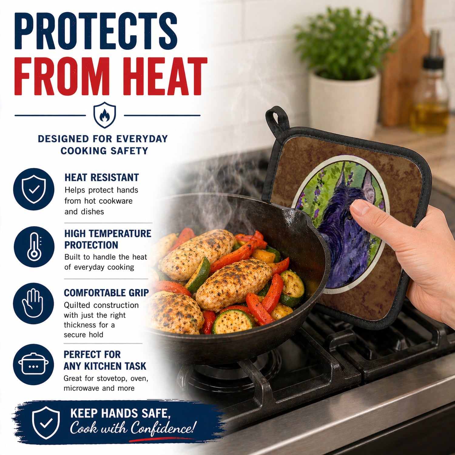 Scottish Terrier Pot Holder Set of 2 Heat Resistant Quilted Hot Pads 7.5 x 7.5 Inch, Insulated Kitchen Trivets for Cooking & Baking
