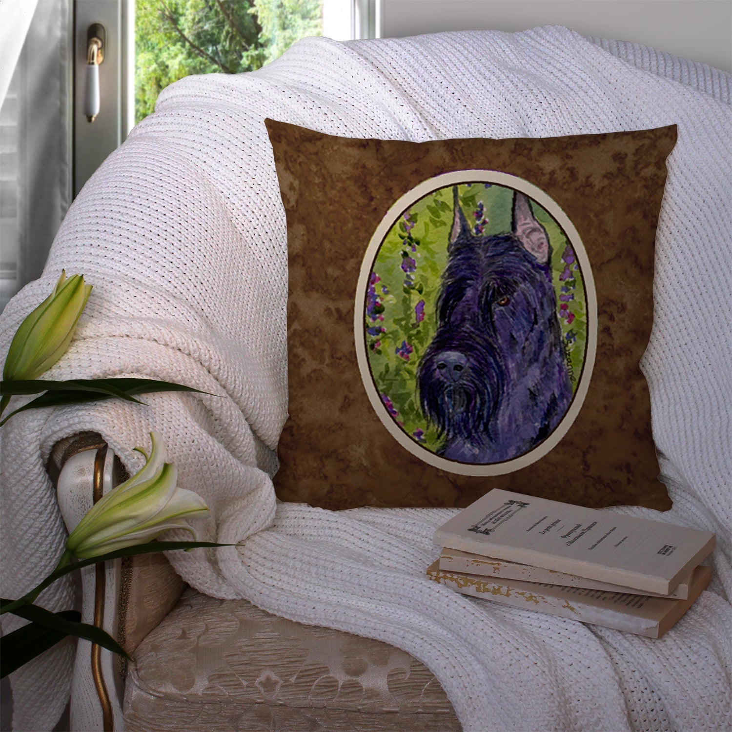 Scottish Terrier Decorative Throw Pillow 14x14 Indoor Outdoor Accent Cushion, Fabric Cover with Insert for Sofa, Bed, Porch & Living Room