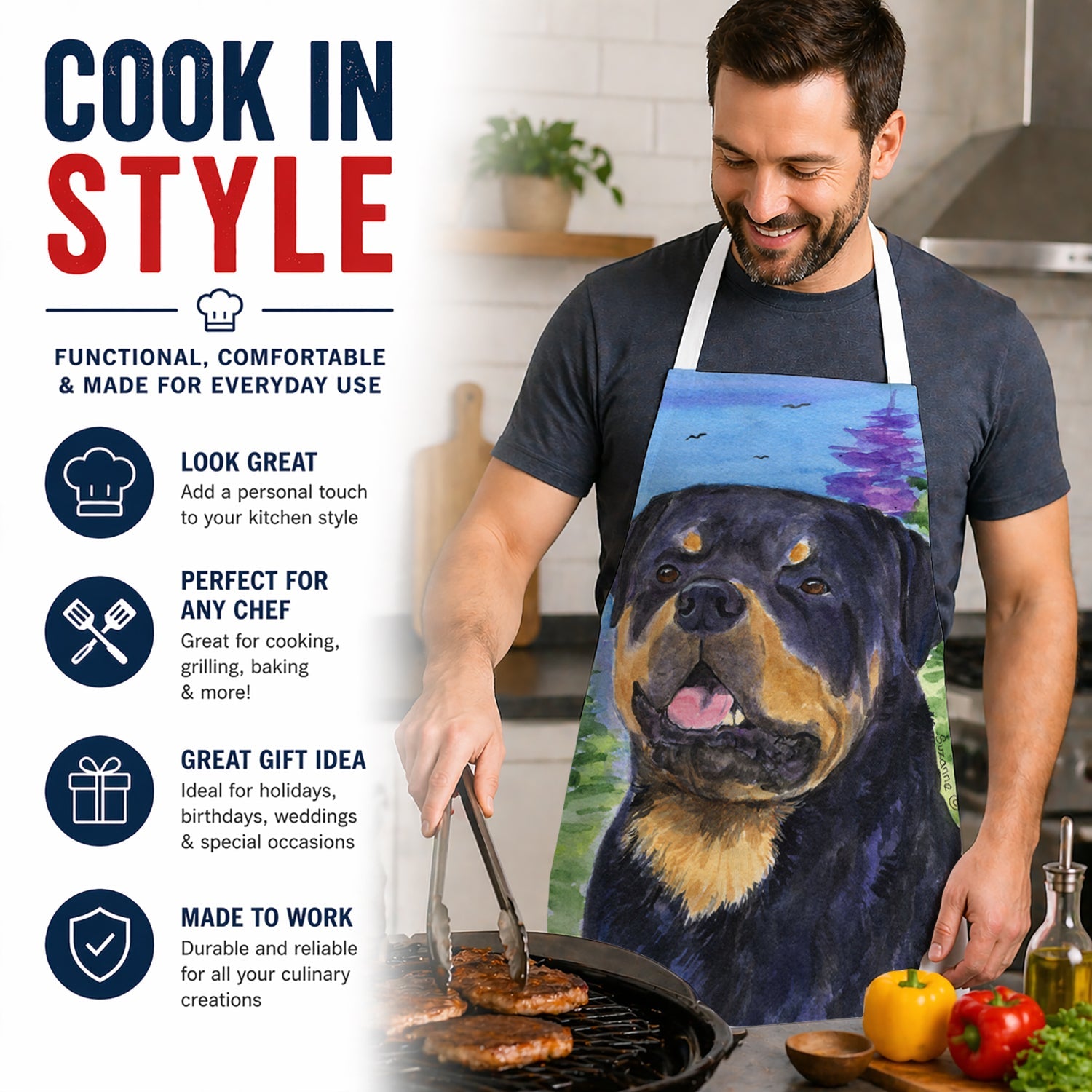 Rottweiler Apron Cooking Kitchen Server Baking Crafts Gardening for Adult Women Men, Unisex, Large, Multicolor