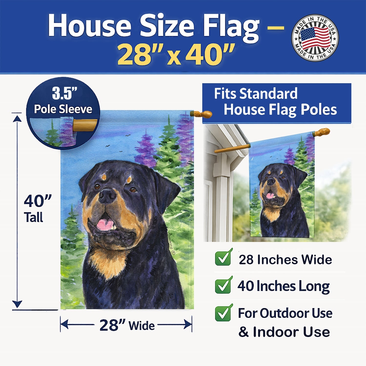 Rottweiler House Flag 28x40 Porch Sleeve Pole Decorative Outside Yard Banner Artwork Wall Hanging, Polyester