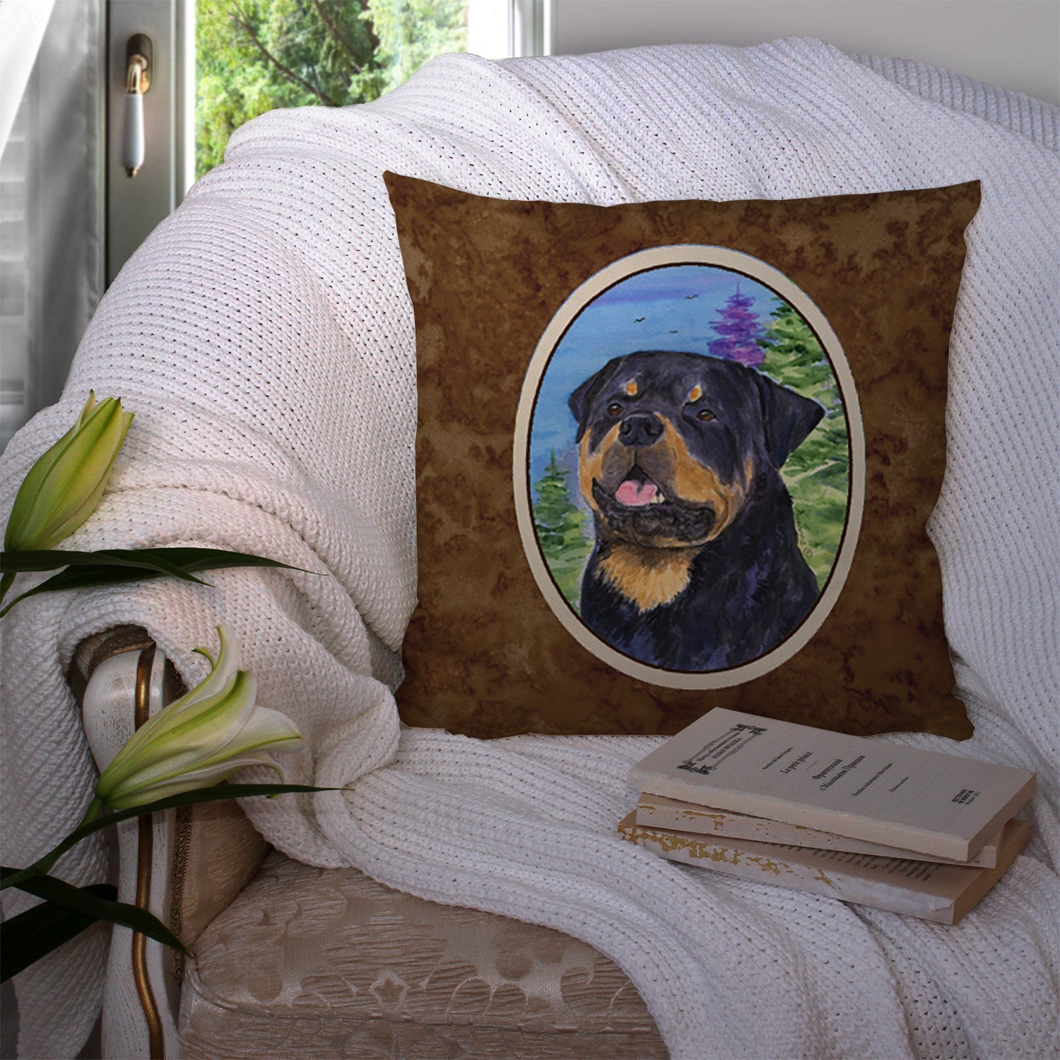 Rottweiler Decorative Throw Pillow 14x14 Indoor Outdoor Accent Cushion, Fabric Cover with Insert for Sofa, Bed, Porch & Living Room