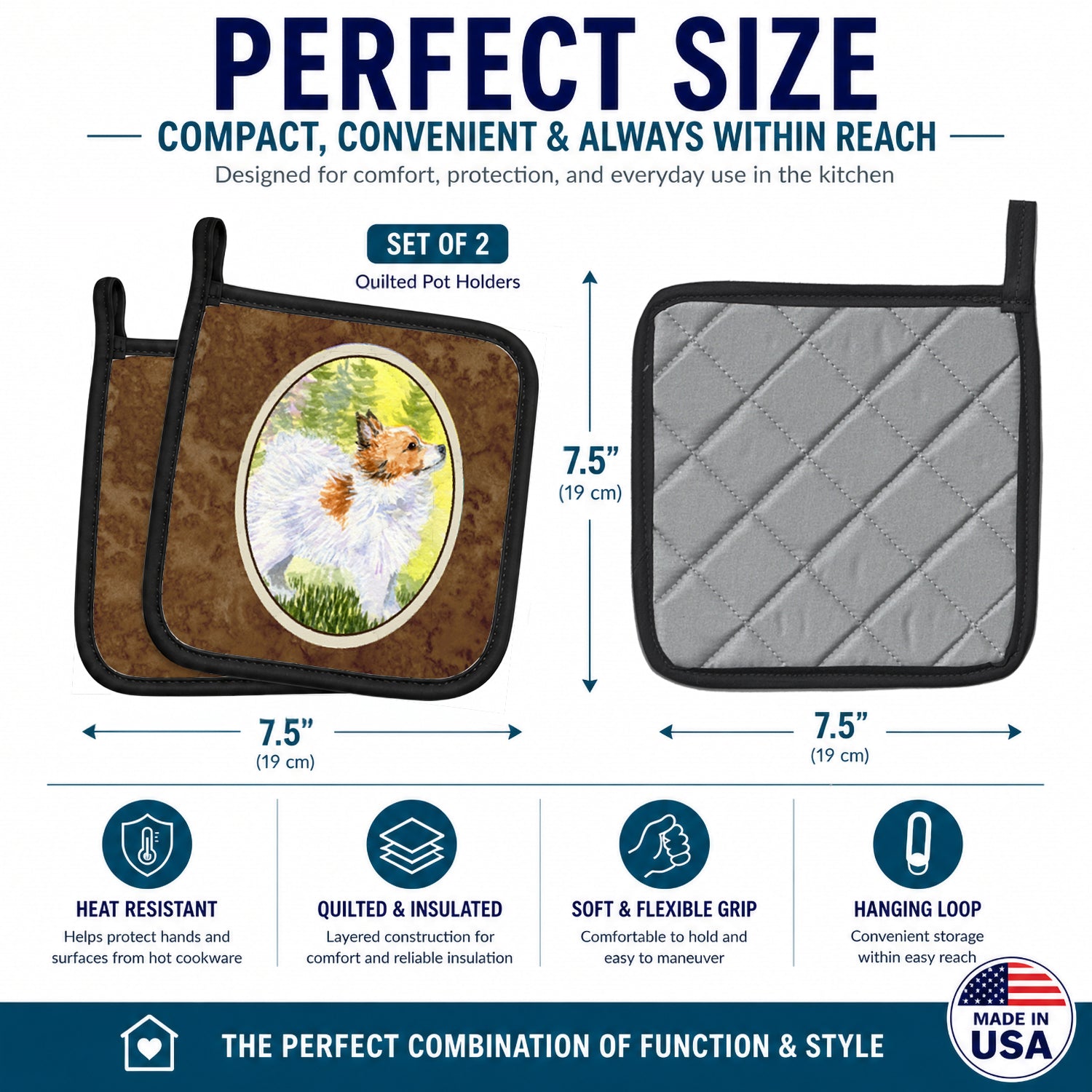 Papillon Pot Holder Set of 2 Heat Resistant Quilted Hot Pads 7.5 x 7.5 Inch, Insulated Kitchen Trivets for Cooking & Baking
