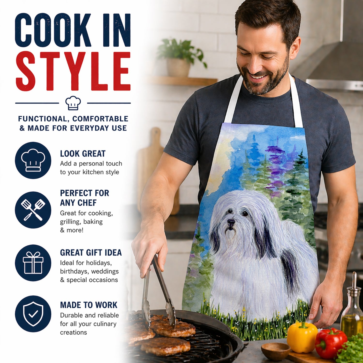 Havanese Apron Cooking Kitchen Server Baking Crafts Gardening for Adult Women Men, Unisex, Large, Multicolor