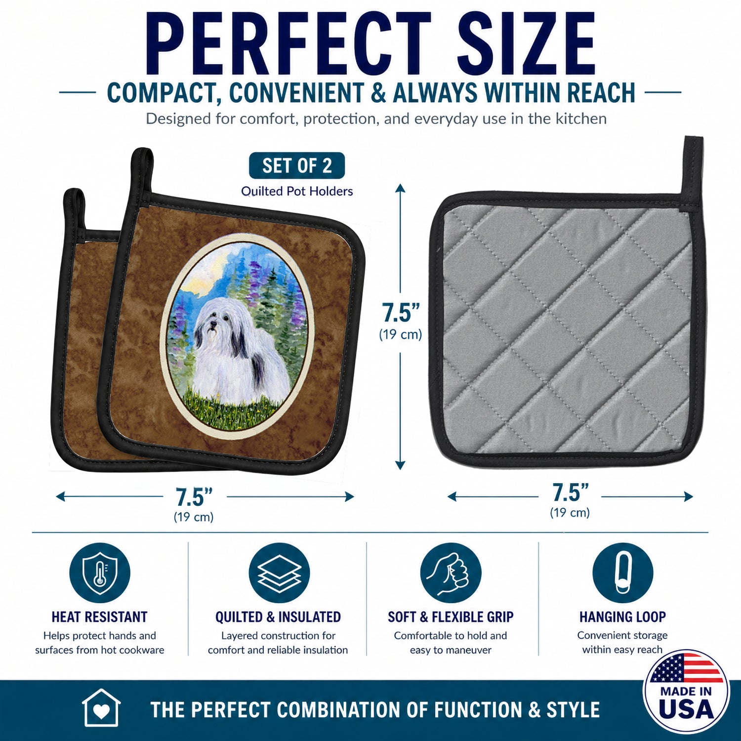 Havanese Pot Holder Set of 2 Heat Resistant Quilted Hot Pads 7.5 x 7.5 Inch, Insulated Kitchen Trivets for Cooking & Baking