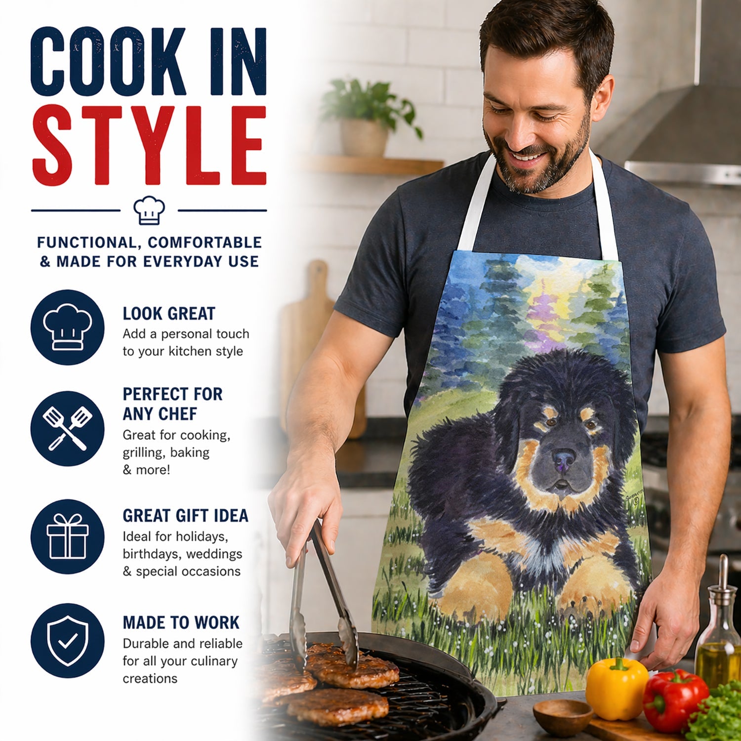 Tibetan Mastiff Apron Cooking Kitchen Server Baking Crafts Gardening for Adult Women Men, Unisex, Large, Multicolor