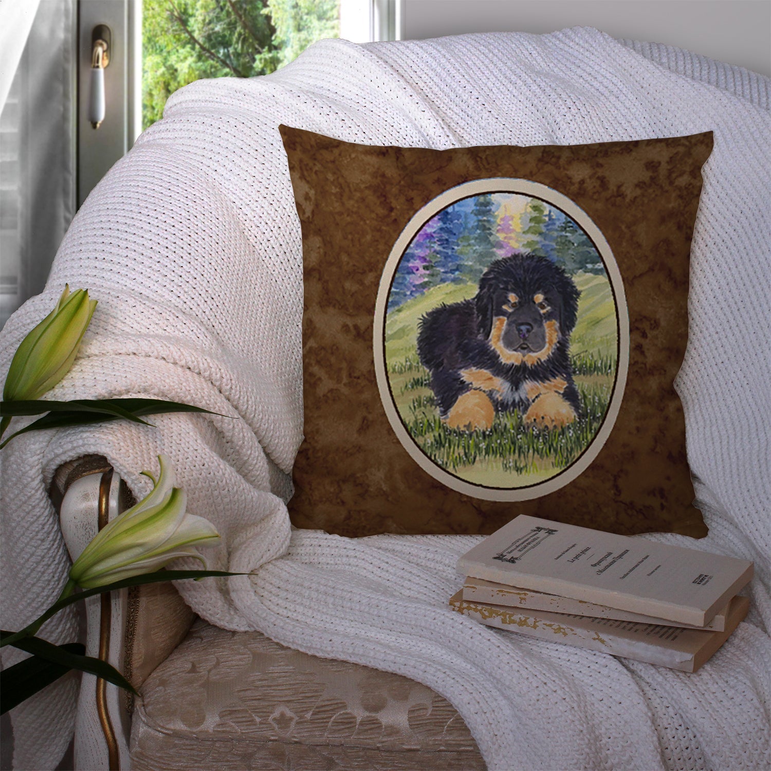 Tibetan Mastiff Decorative Throw Pillow 14x14 Indoor Outdoor Accent Cushion, Fabric Cover with Insert for Sofa, Bed, Porch & Living Room