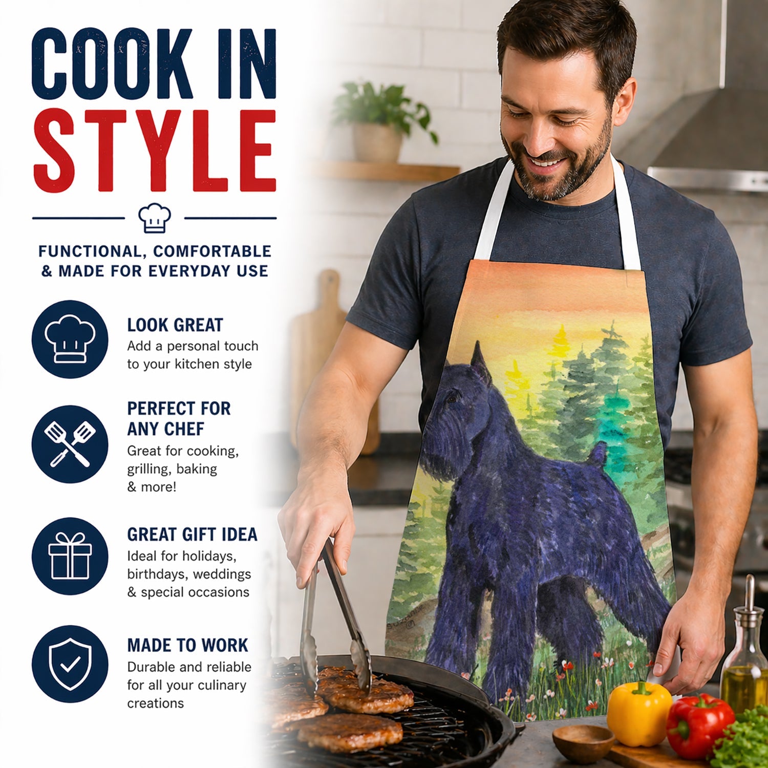Schnauzer Apron Cooking Kitchen Server Baking Crafts Gardening for Adult Women Men, Unisex, Large, Multicolor