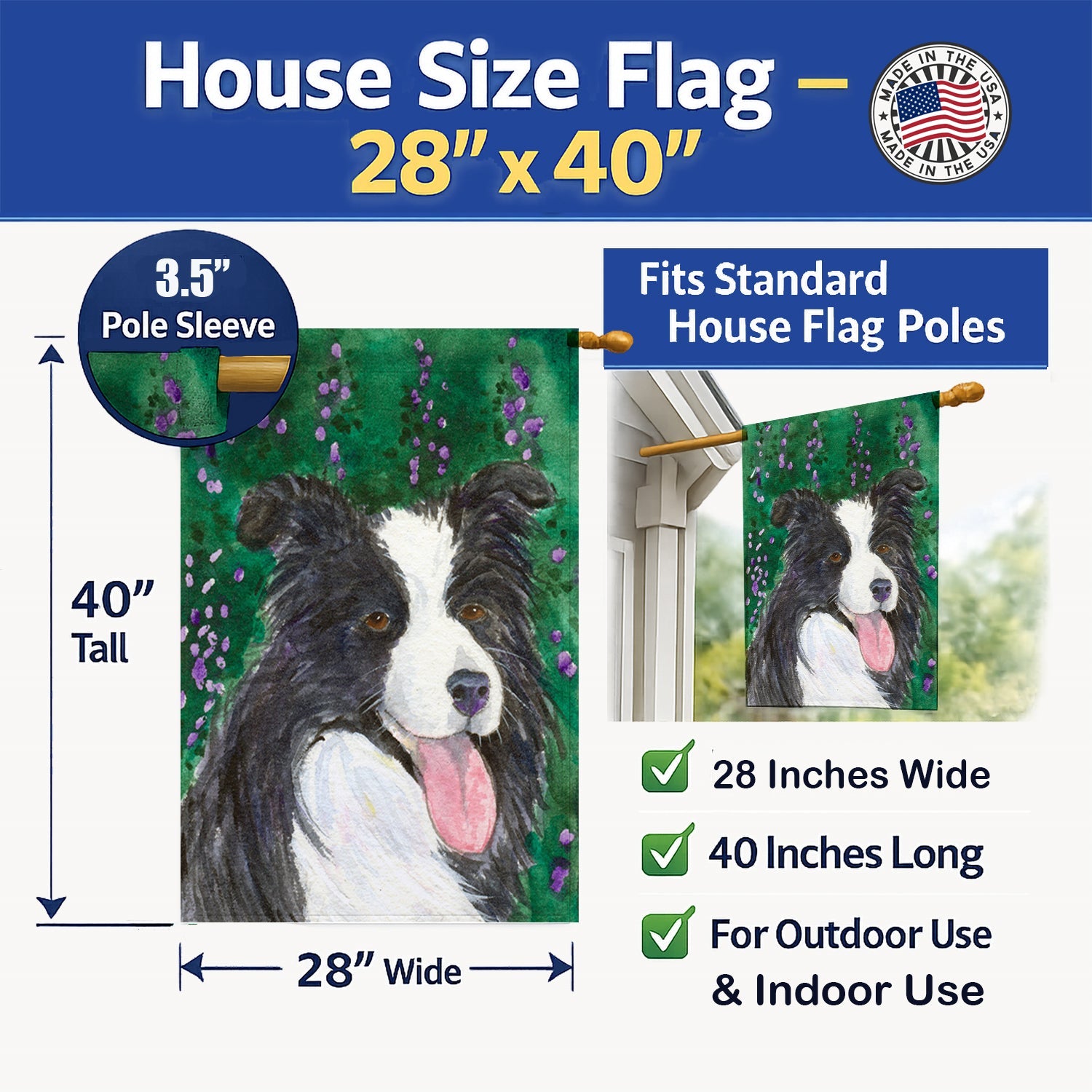 Border Collie House Flag 28x40 Porch Sleeve Pole Decorative Outside Yard Banner Artwork Wall Hanging, Polyester