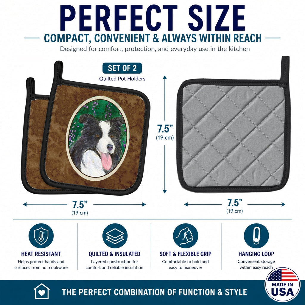 Border Collie Pot Holder Set of 2 Heat Resistant Quilted Hot Pads 7.5 x 7.5 Inch, Insulated Kitchen Trivets for Cooking & Baking