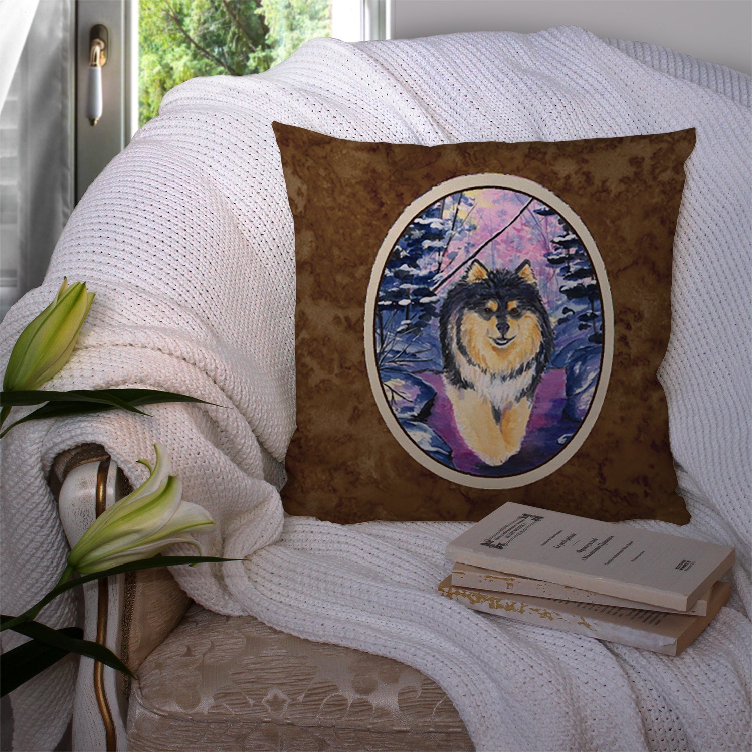 Finnish Lapphund Decorative Throw Pillow 14x14 Indoor Outdoor Accent Cushion, Fabric Cover with Insert for Sofa, Bed, Porch & Living Room