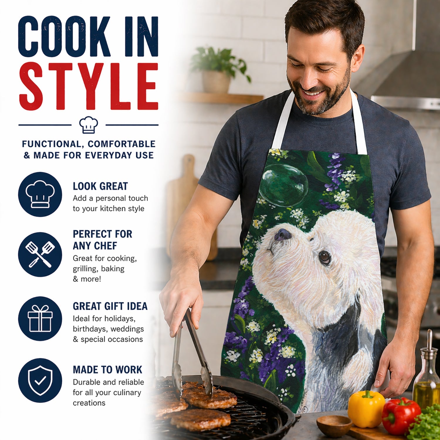 Dandie Dinmont Terrier Apron Cooking Kitchen Server Baking Crafts Gardening for Adult Women Men, Unisex, Large, Multicolor
