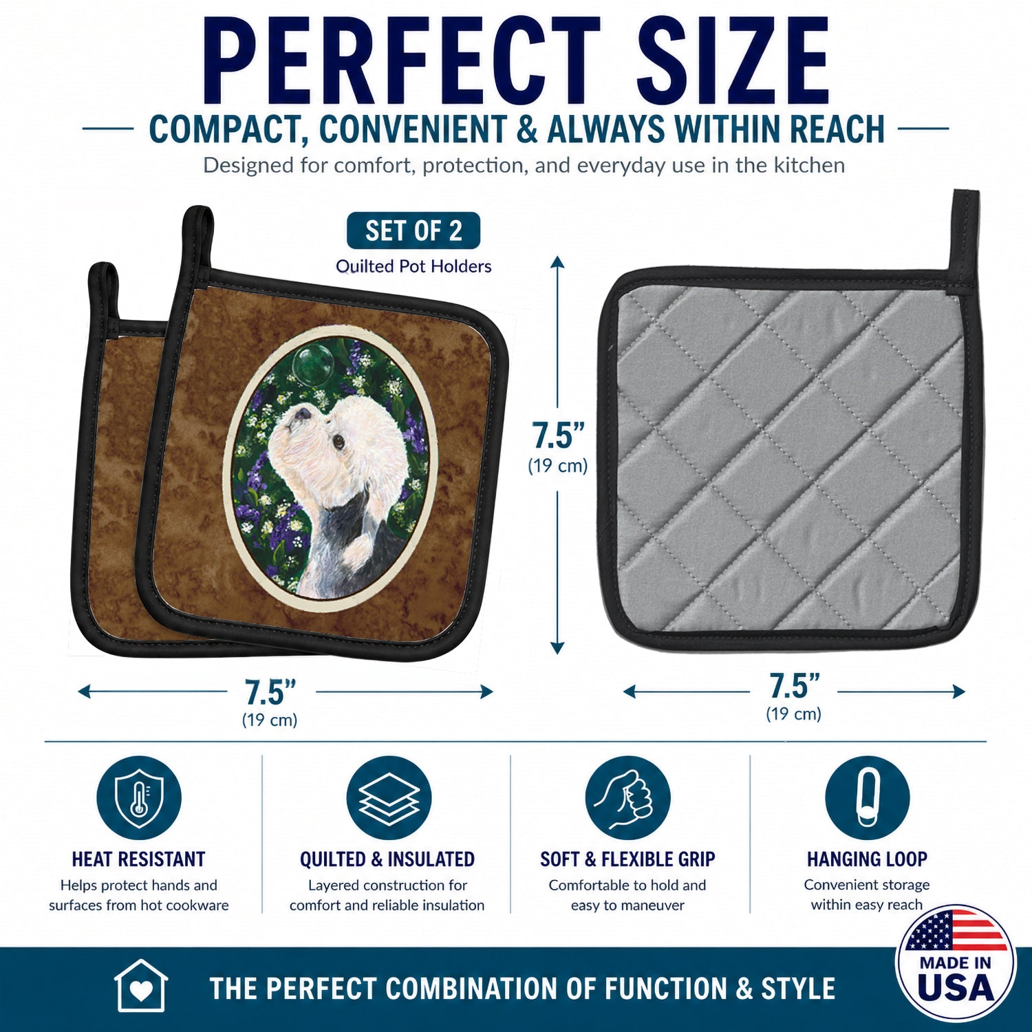 Dandie Dinmont Terrier Pot Holder Set of 2 Heat Resistant Quilted Hot Pads 7.5 x 7.5 Inch, Insulated Kitchen Trivets for Cooking & Baking