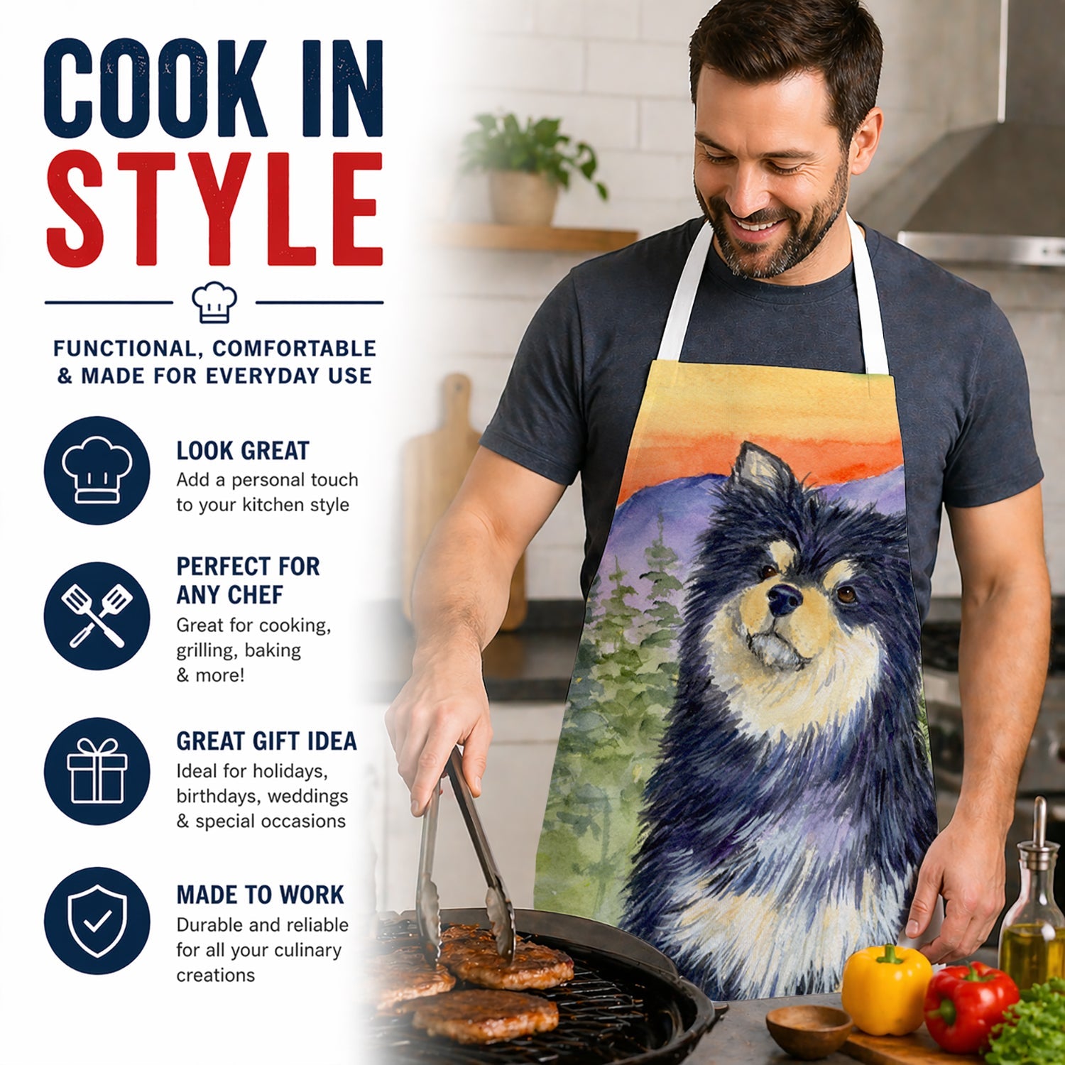 Finnish Lapphund Apron Cooking Kitchen Server Baking Crafts Gardening for Adult Women Men, Unisex, Large, Multicolor