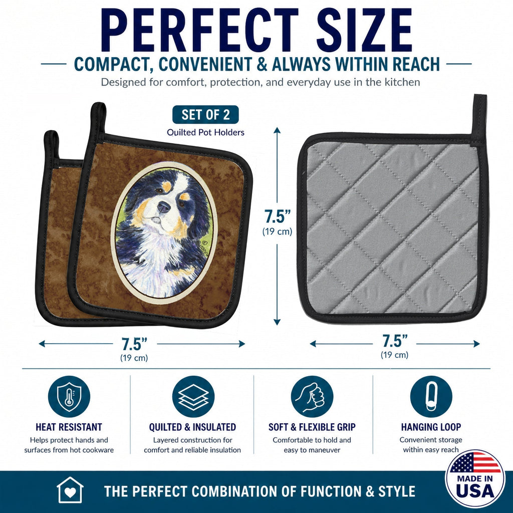 Bernese Mountain Dog Pot Holder Set of 2 Heat Resistant Quilted Hot Pads 7.5 x 7.5 Inch, Insulated Kitchen Trivets for Cooking & Baking