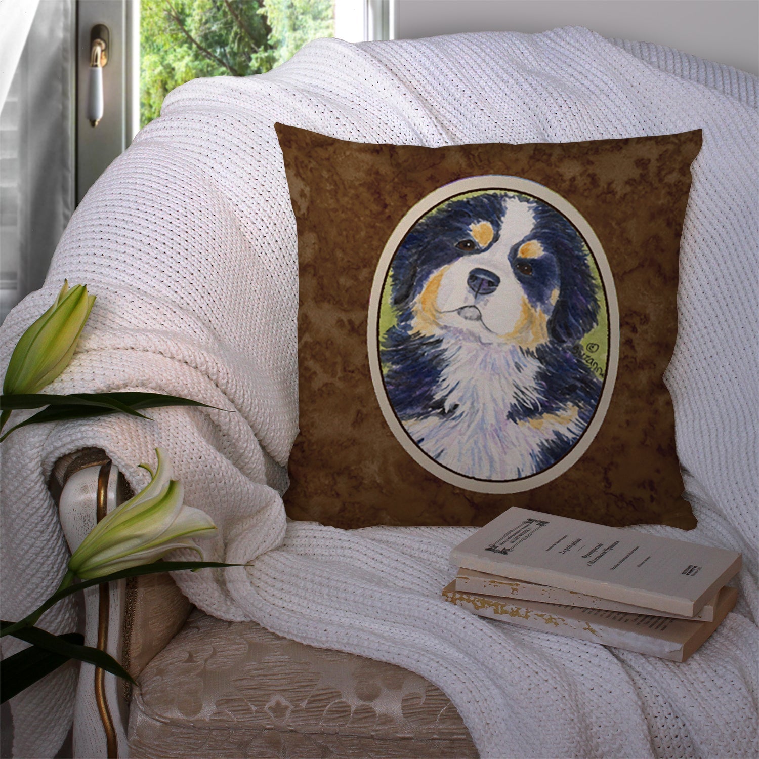Bernese Mountain Dog Decorative Throw Pillow 14x14 Indoor Outdoor Accent Cushion, Fabric Cover with Insert for Sofa, Bed, Porch & Living Room