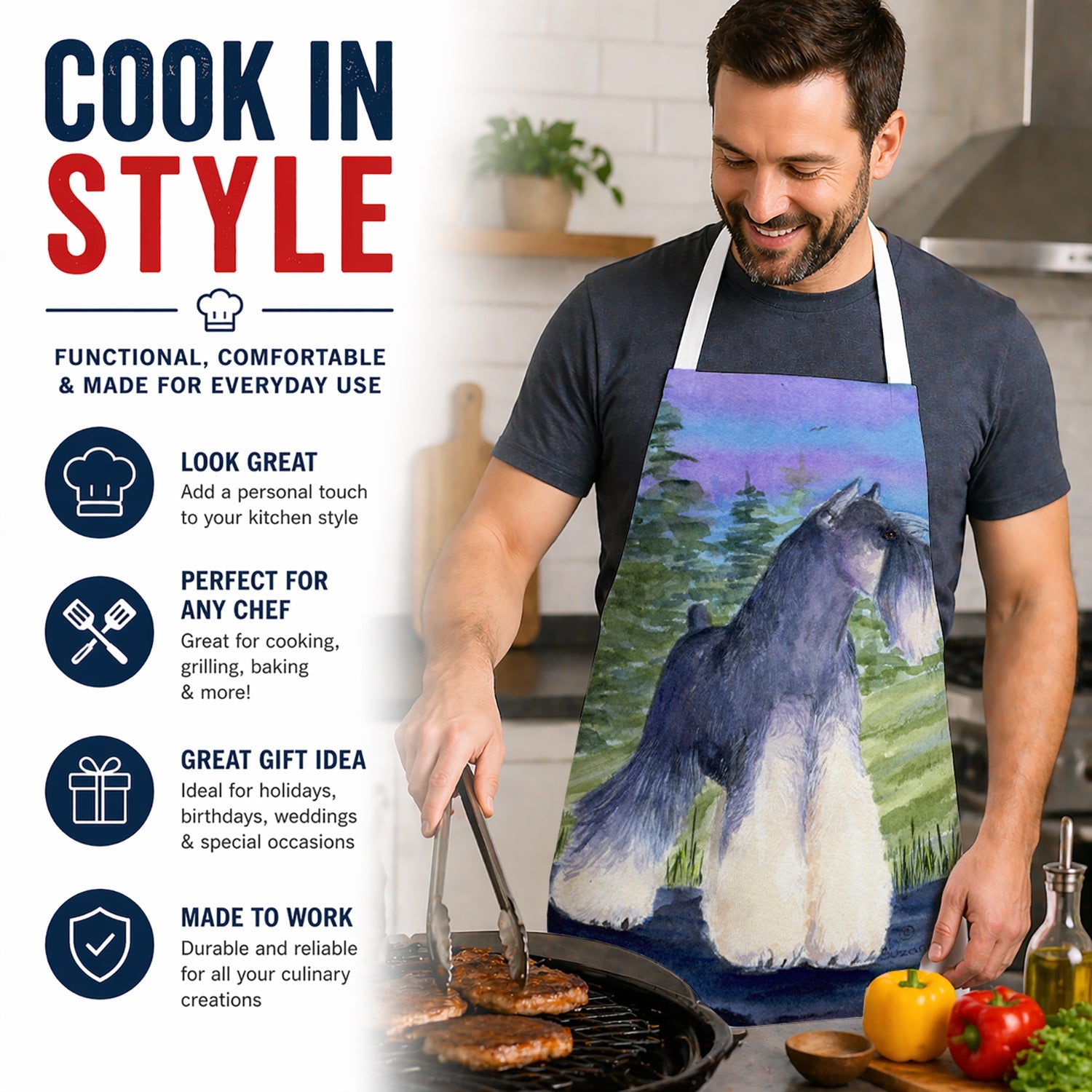 Schnauzer Apron Cooking Kitchen Server Baking Crafts Gardening for Adult Women Men, Unisex, Large, Multicolor