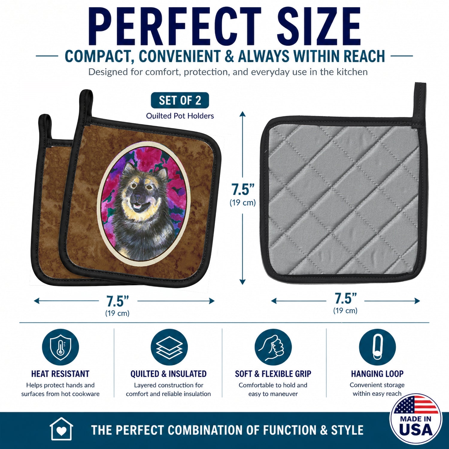 Finnish Lapphund Pot Holder Set of 2 Heat Resistant Quilted Hot Pads 7.5 x 7.5 Inch, Insulated Kitchen Trivets for Cooking & Baking