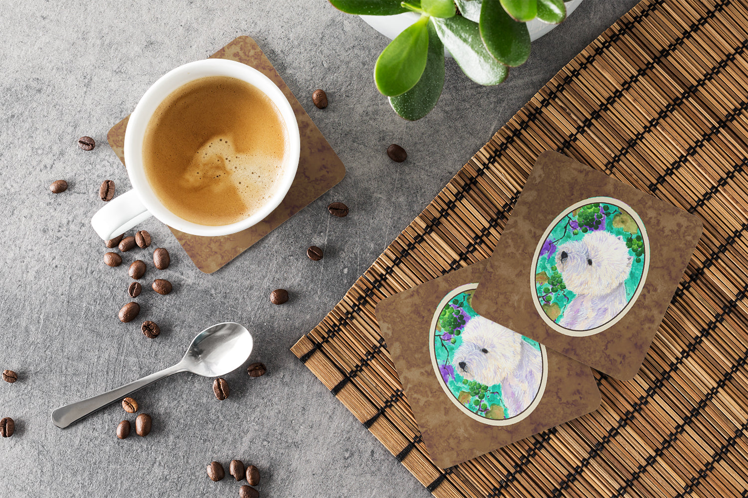 Westie Foam Coasters Set of 4 Cup Coasters for Indoor Outdoor, Tabletop Protection, Anti Slip, Mouse pad Material