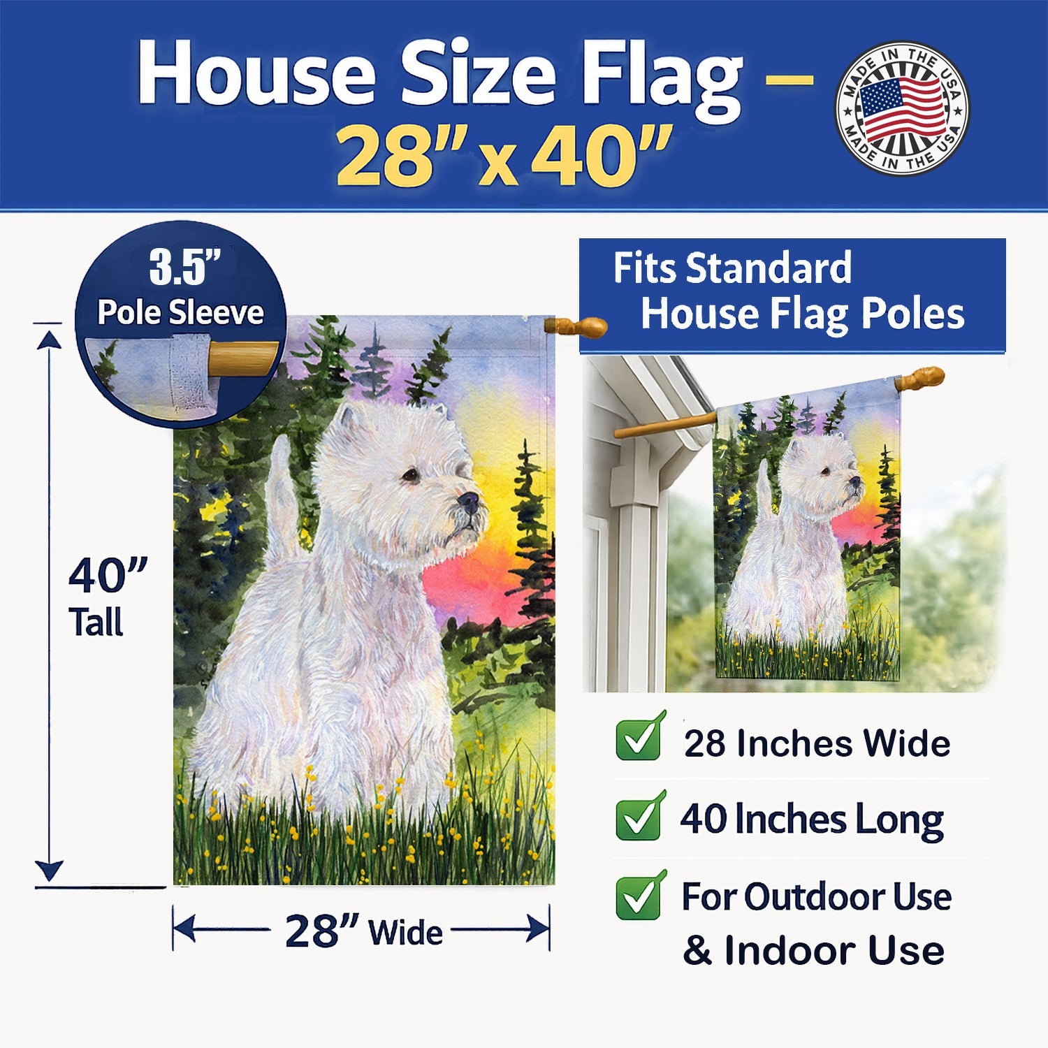 Westie House Flag 28x40 Porch Sleeve Pole Decorative Outside Yard Banner Artwork Wall Hanging, Polyester