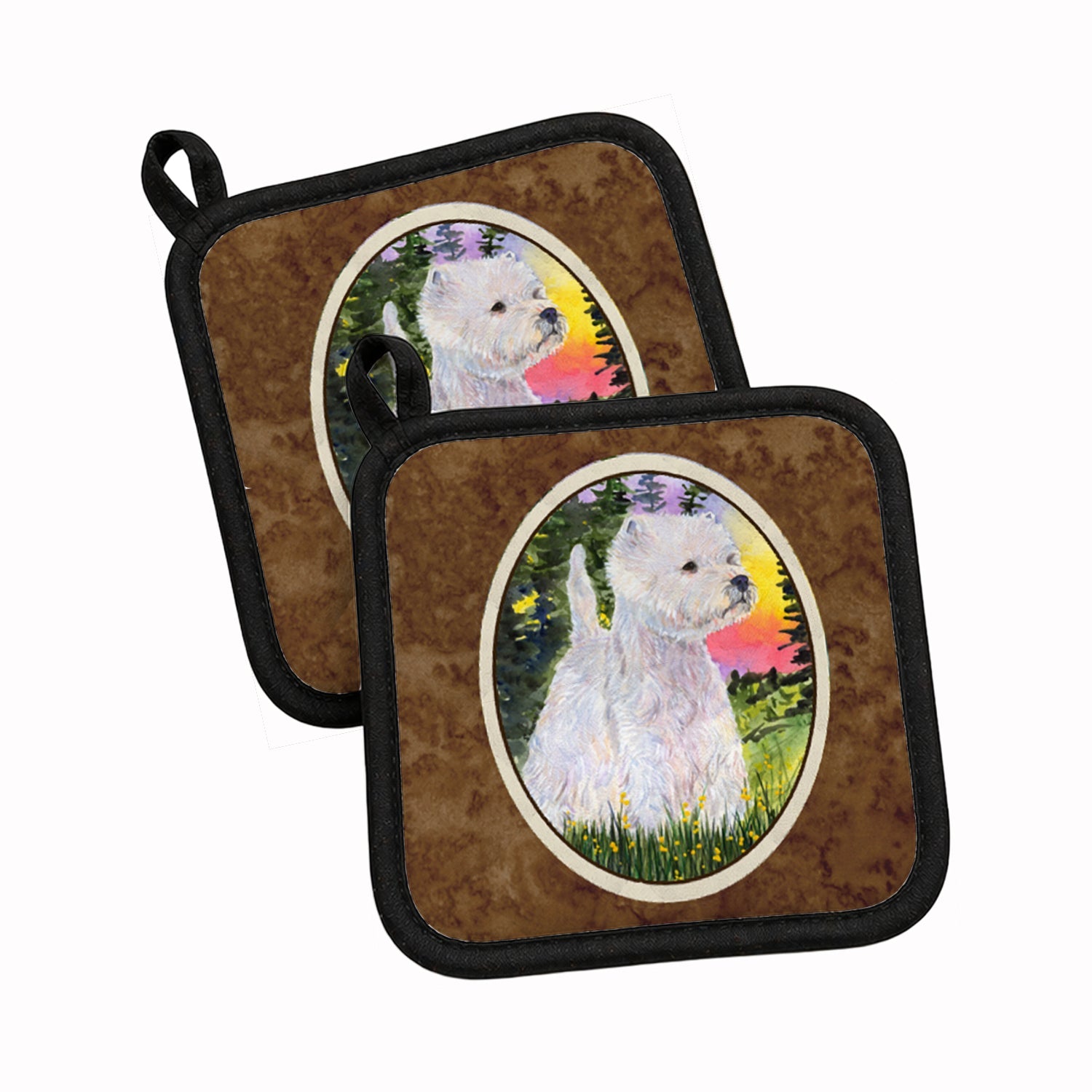 Westie Pot Holder Set of 2 Heat Resistant Quilted Hot Pads 7.5 x 7.5 Inch, Insulated Kitchen Trivets for Cooking & Baking