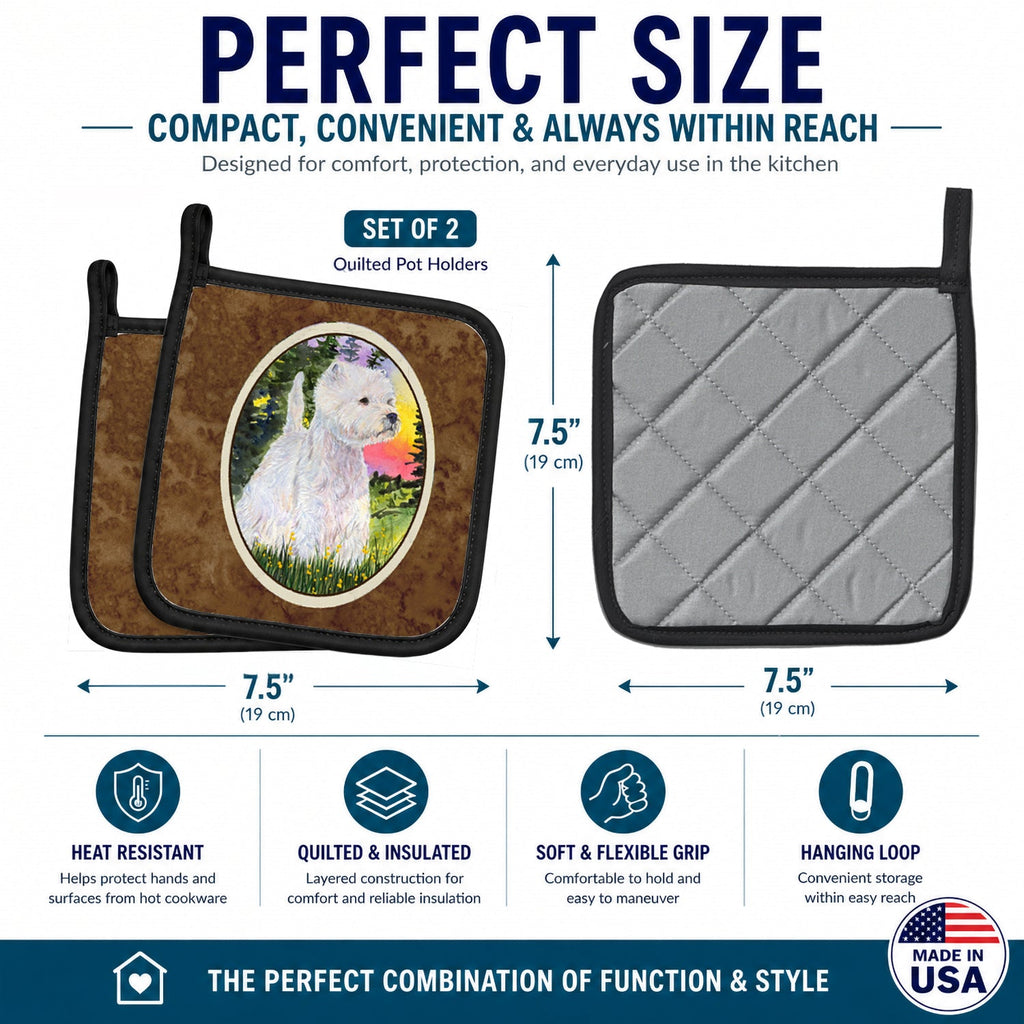 Westie Pot Holder Set of 2 Heat Resistant Quilted Hot Pads 7.5 x 7.5 Inch, Insulated Kitchen Trivets for Cooking & Baking