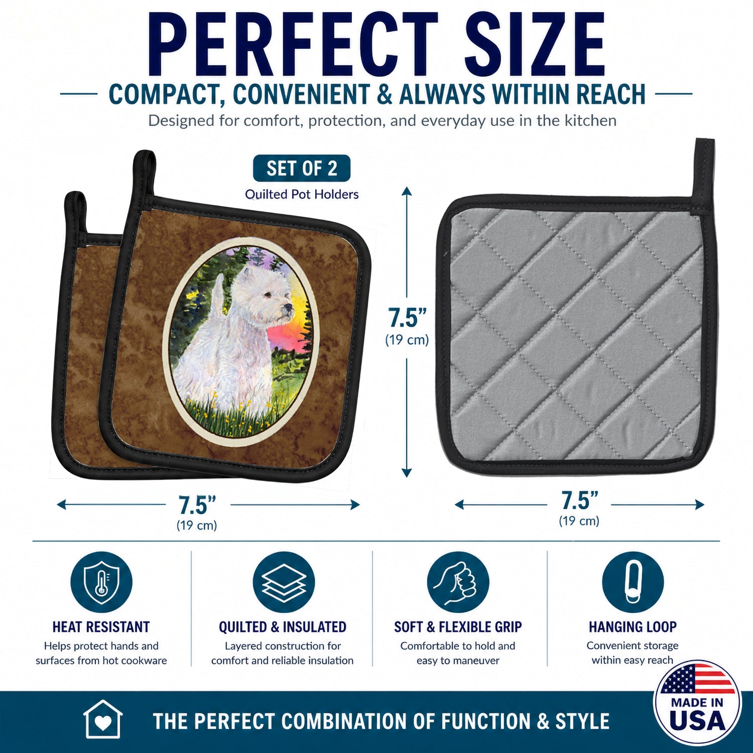 Westie Pot Holder Set of 2 Heat Resistant Quilted Hot Pads 7.5 x 7.5 Inch, Insulated Kitchen Trivets for Cooking & Baking