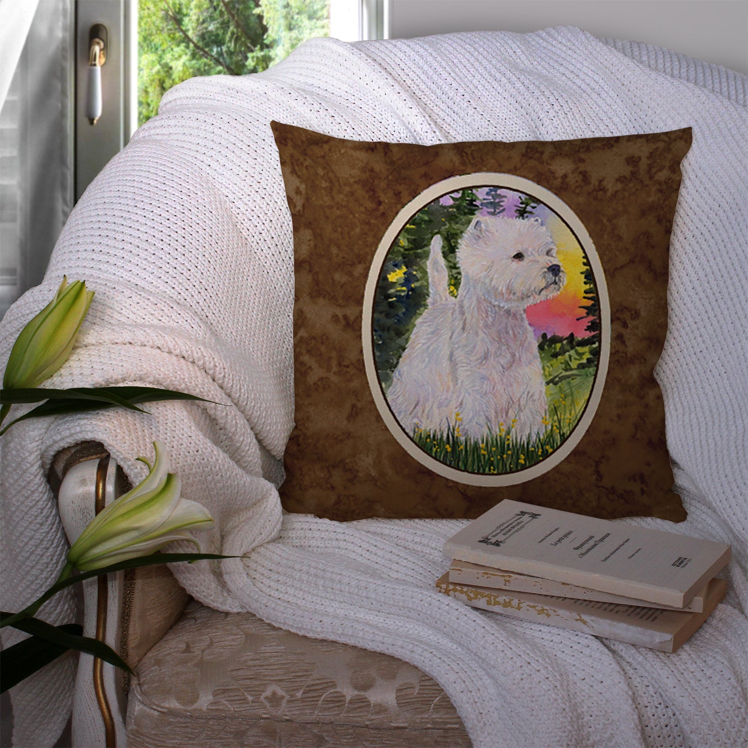 Westie Decorative Throw Pillow 14x14 Indoor Outdoor Accent Cushion, Fabric Cover with Insert for Sofa, Bed, Porch & Living Room