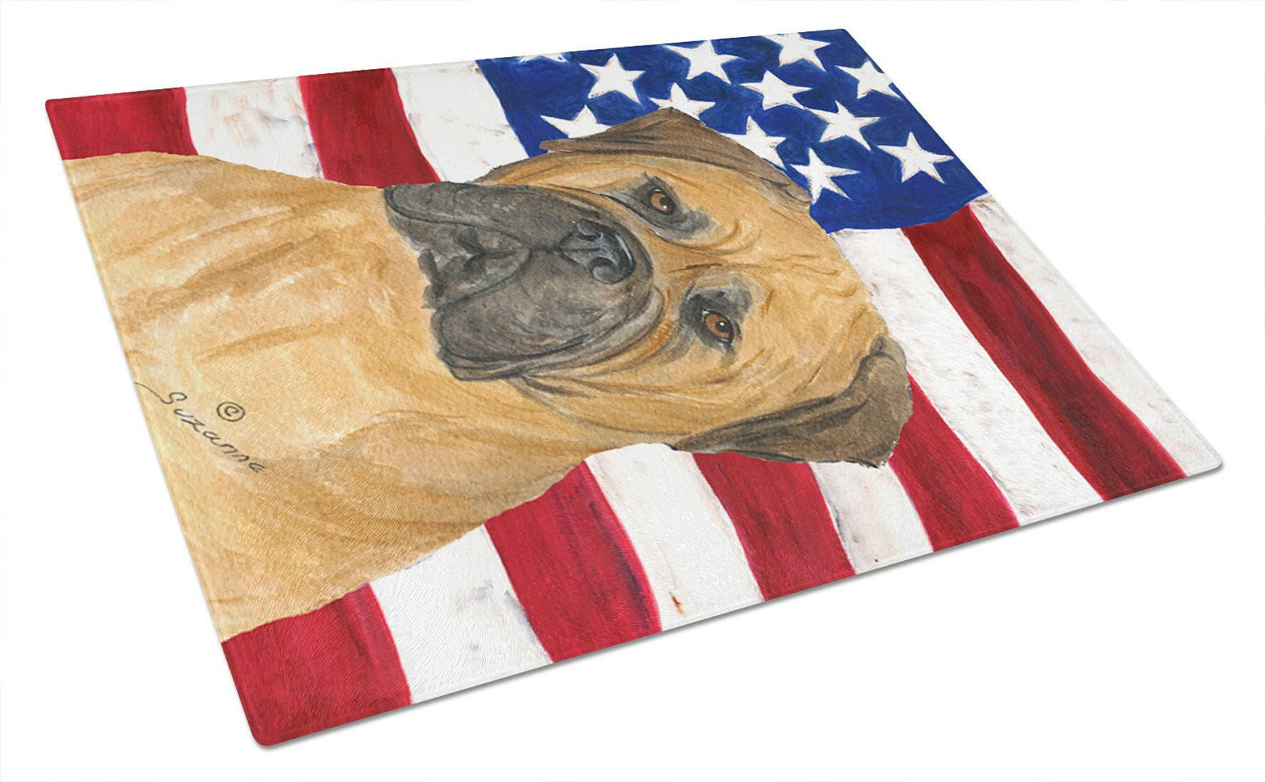 USA American Flag with Bullmastiff Cutting Board Tempered Glass Kitchen Cutting Surface, Heat Resistant Chopping, Non-Slip Feet, Food Prep & Serving