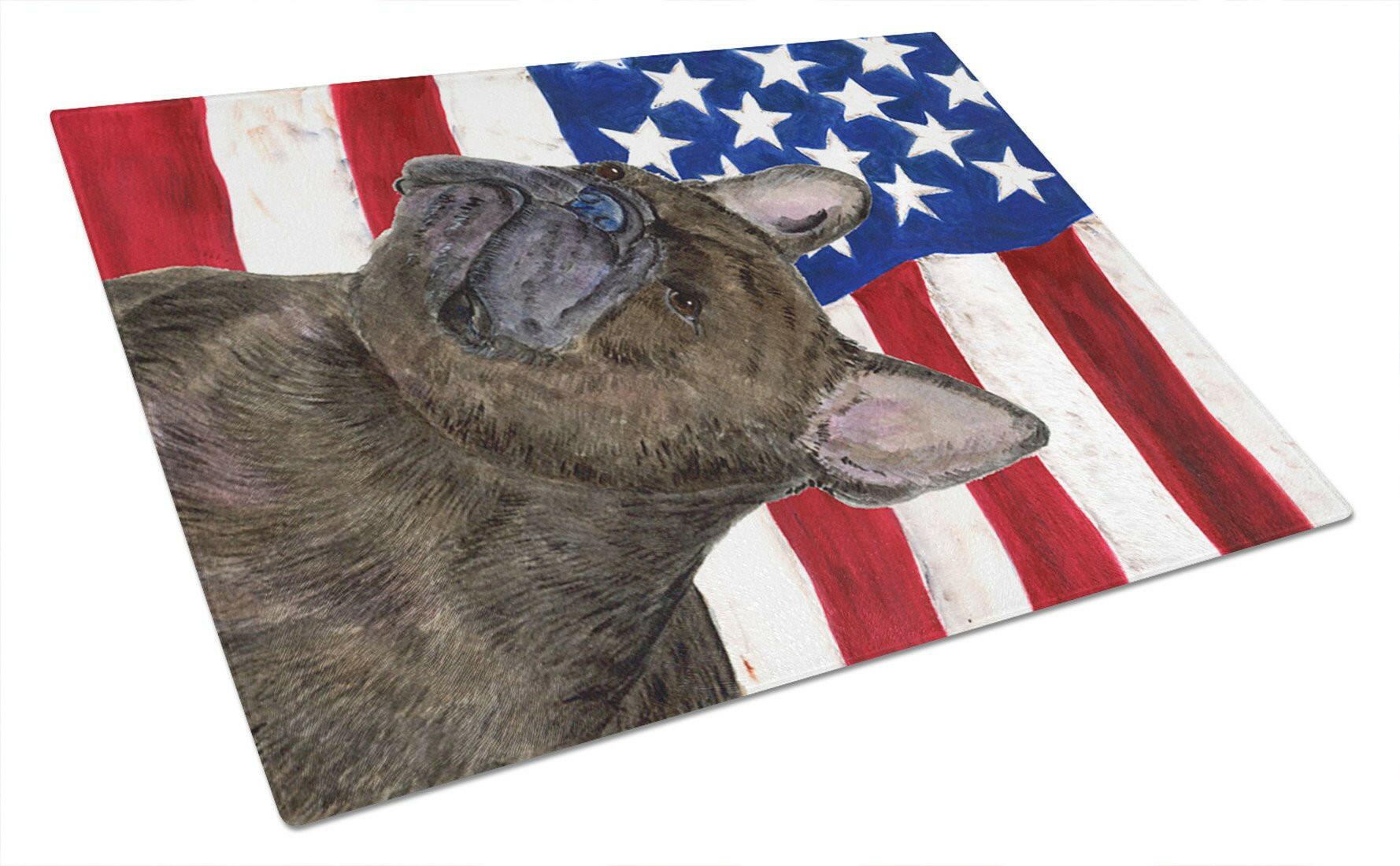 USA American Flag with French Bulldog Cutting Board Tempered Glass Kitchen Cutting Surface, Heat Resistant Chopping, Non-Slip Feet, Food Prep & Serving