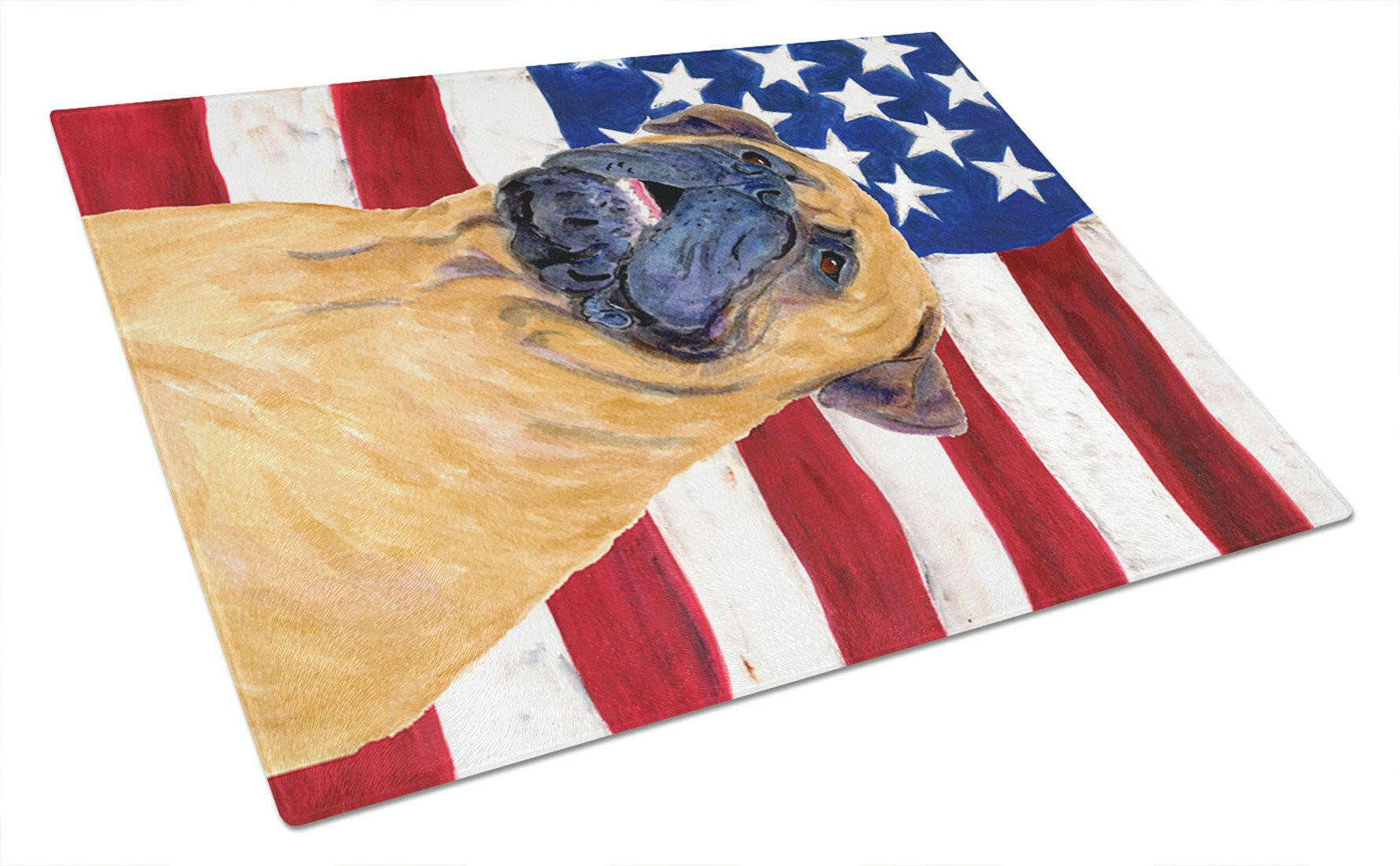 USA American Flag with Bullmastiff Cutting Board Tempered Glass Kitchen Cutting Surface, Heat Resistant Chopping, Non-Slip Feet, Food Prep & Serving