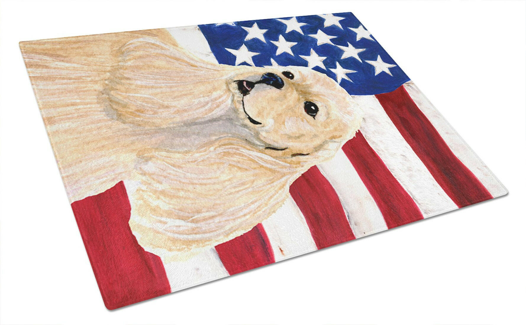 USA American Flag with Cocker Spaniel Cutting Board Tempered Glass Kitchen Cutting Surface, Heat Resistant Chopping, Non-Slip Feet, Food Prep & Serving