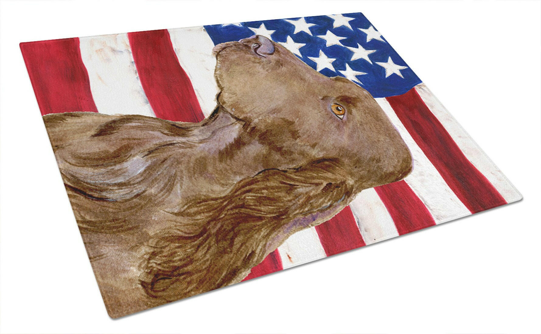 USA American Flag with Field Spaniel Cutting Board Tempered Glass Kitchen Cutting Surface, Heat Resistant Chopping, Non-Slip Feet, Food Prep & Serving
